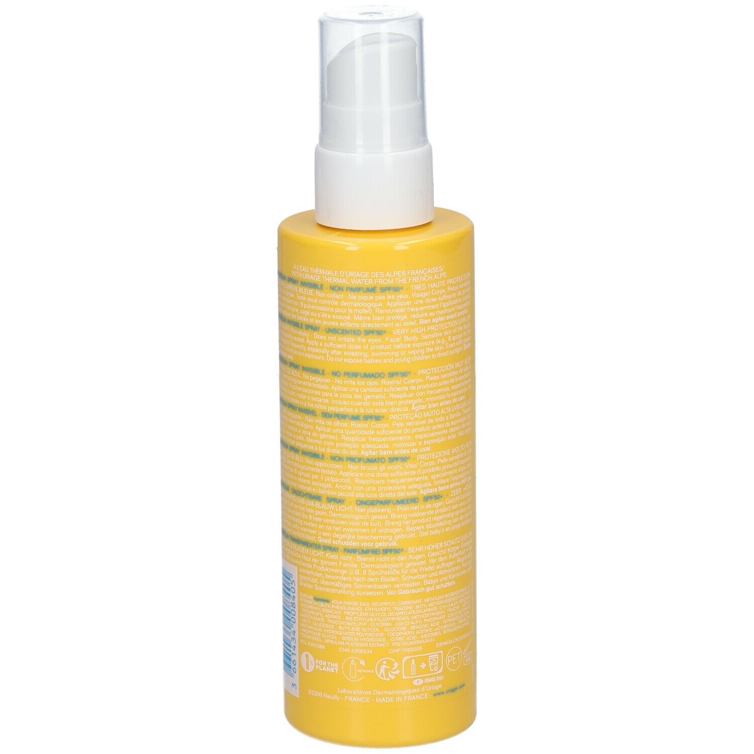 Gelbe Sprayflasche, Rückseite. Text. URIAGE, Bariésun, unsichtbares Spray SPF50. Wasserfest.