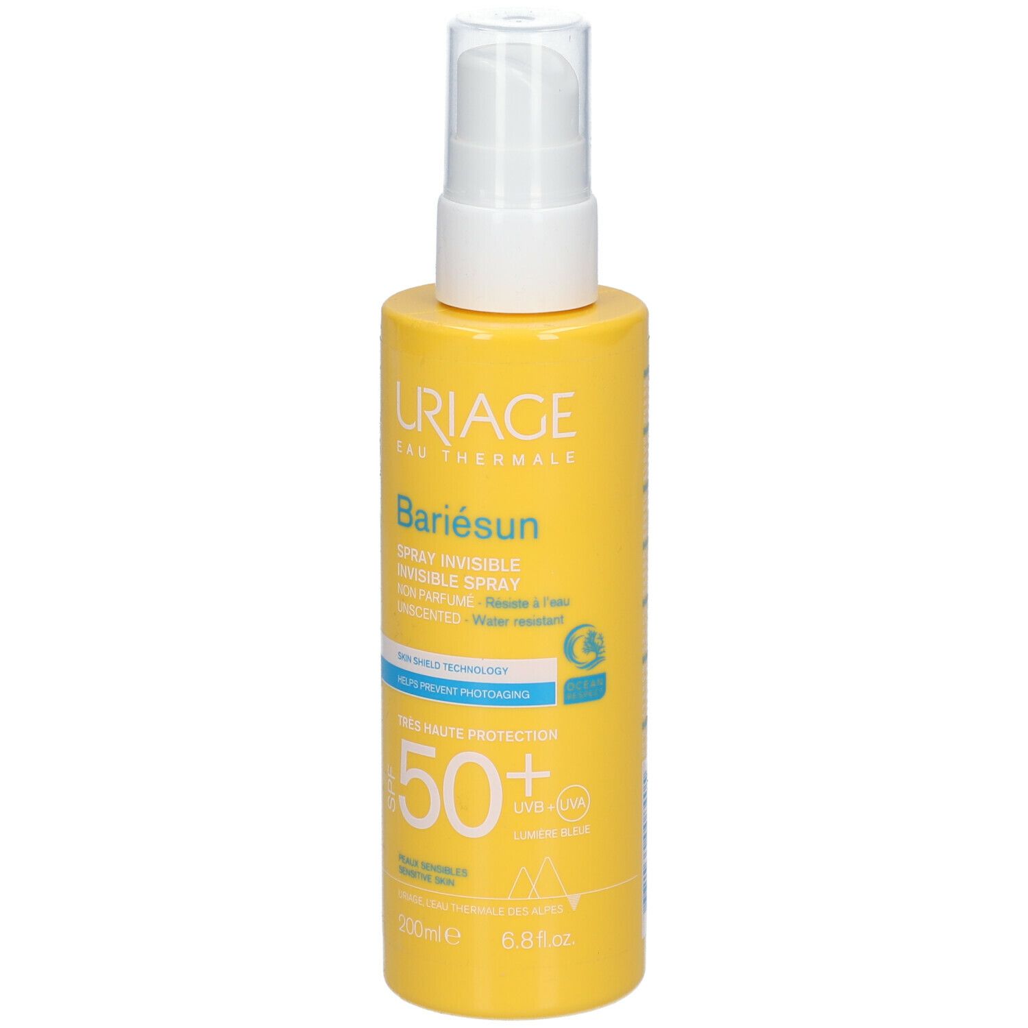 Gelbe Sprayflasche mit weißem Sprühkopf. URIAGE, Bariésun, unsichtbares Spray SPF50. Wasserfest.