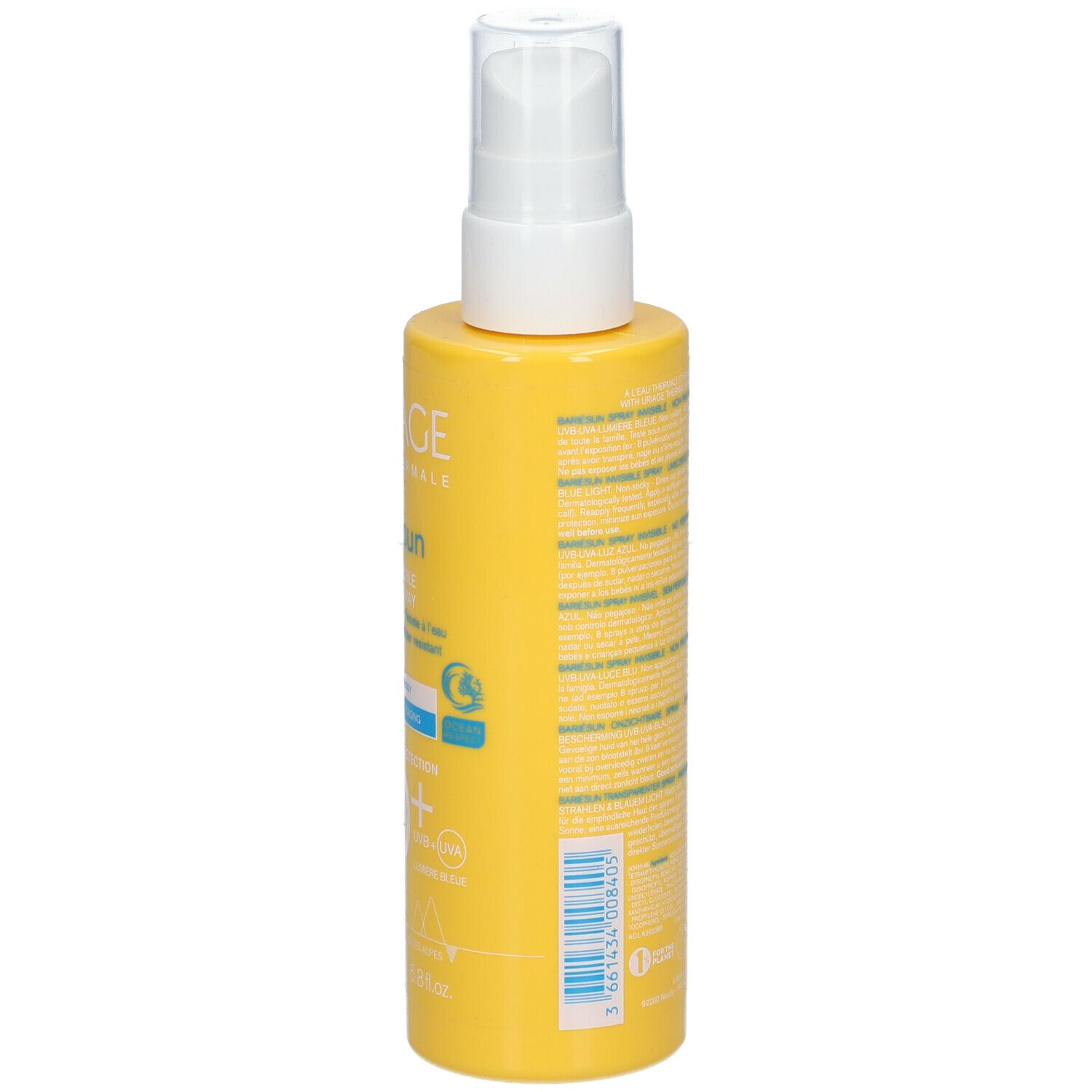 Gelbe Sprayflasche, Rückseite. Text. URIAGE, Bariésun, unsichtbares Spray SPF50. Wasserfest.