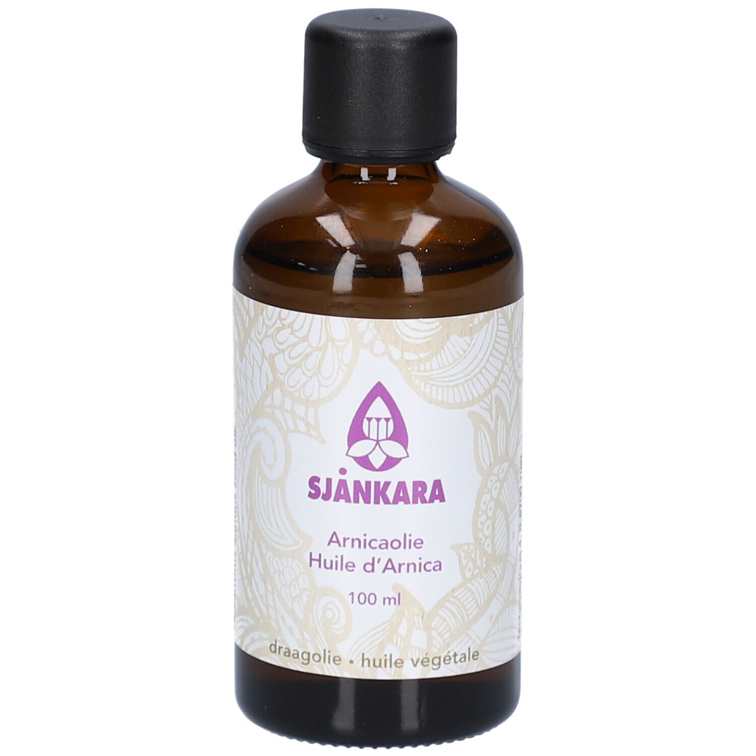 Braune Glasflasche mit schwarzem Deckel. Etikett mit Produktnamen und Logo. Hintergrund weiß.