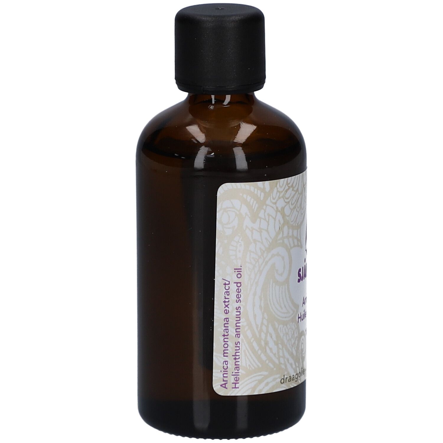 Braune Glasflasche mit schwarzem Deckel. Etikett mit Produktinformationen. Hintergrund weiß.