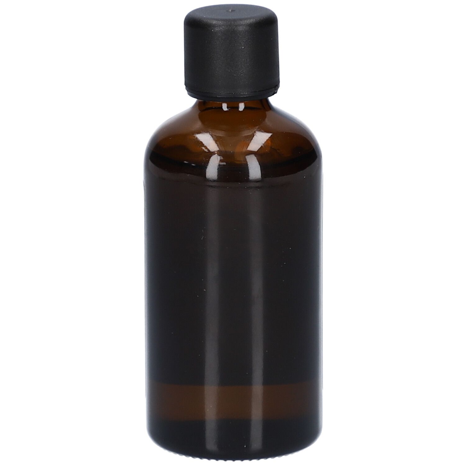 Braune Glasflasche mit schwarzem Deckel. Keine Etiketten sichtbar. Hintergrund weiß.