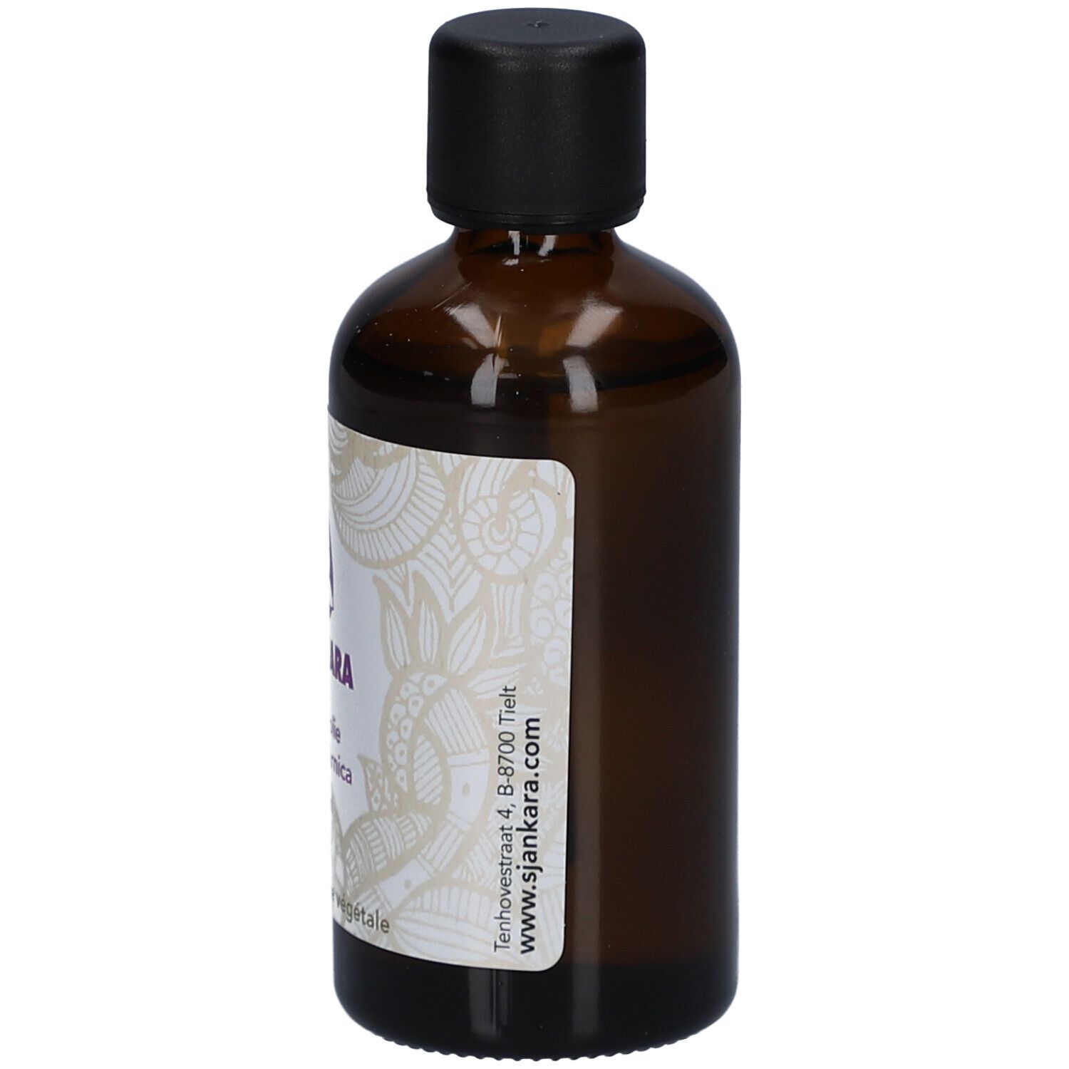 Braune Glasflasche mit schwarzem Deckel. Etikett mit Produktinformationen. Hintergrund weiß.