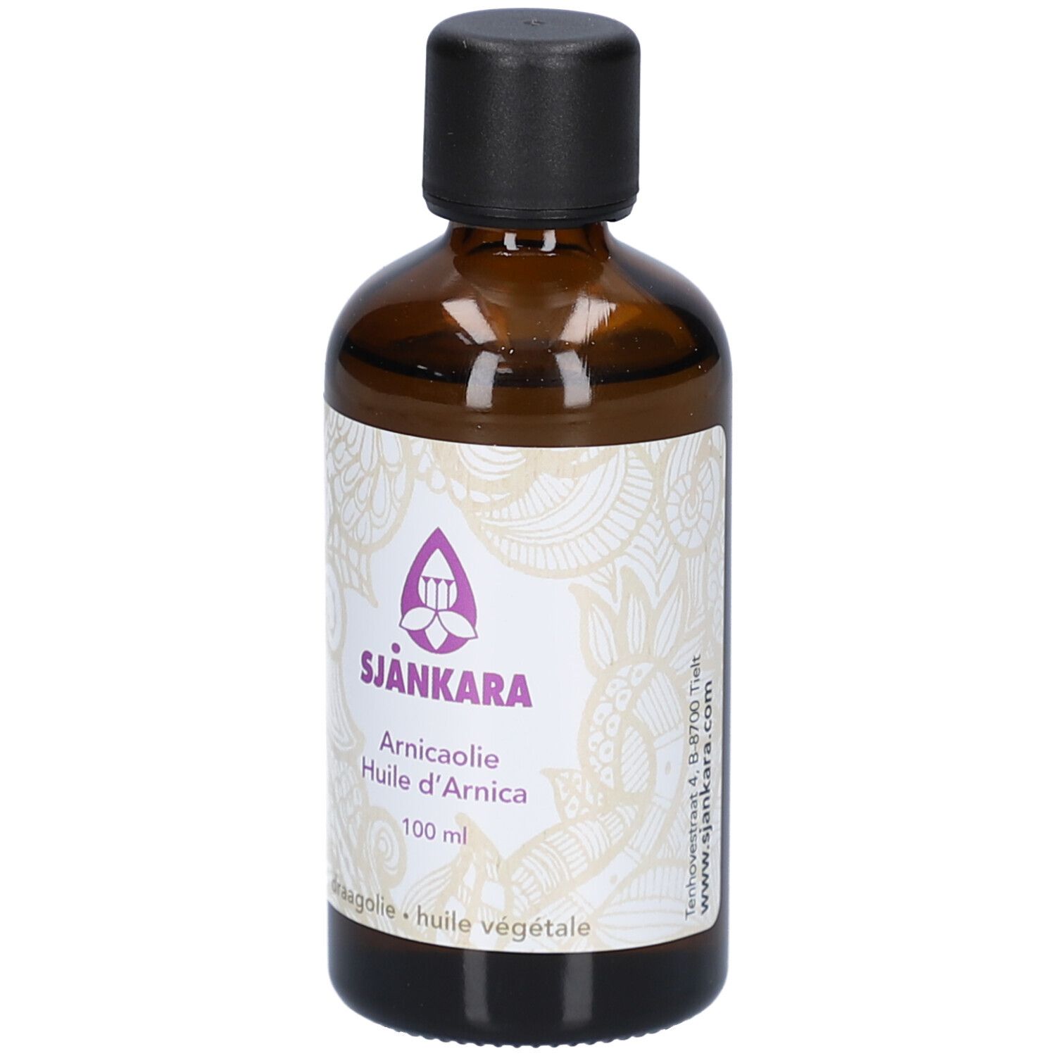 Braune Glasflasche mit schwarzem Deckel. Etikett mit Produktnamen und Logo. Hintergrund weiß.