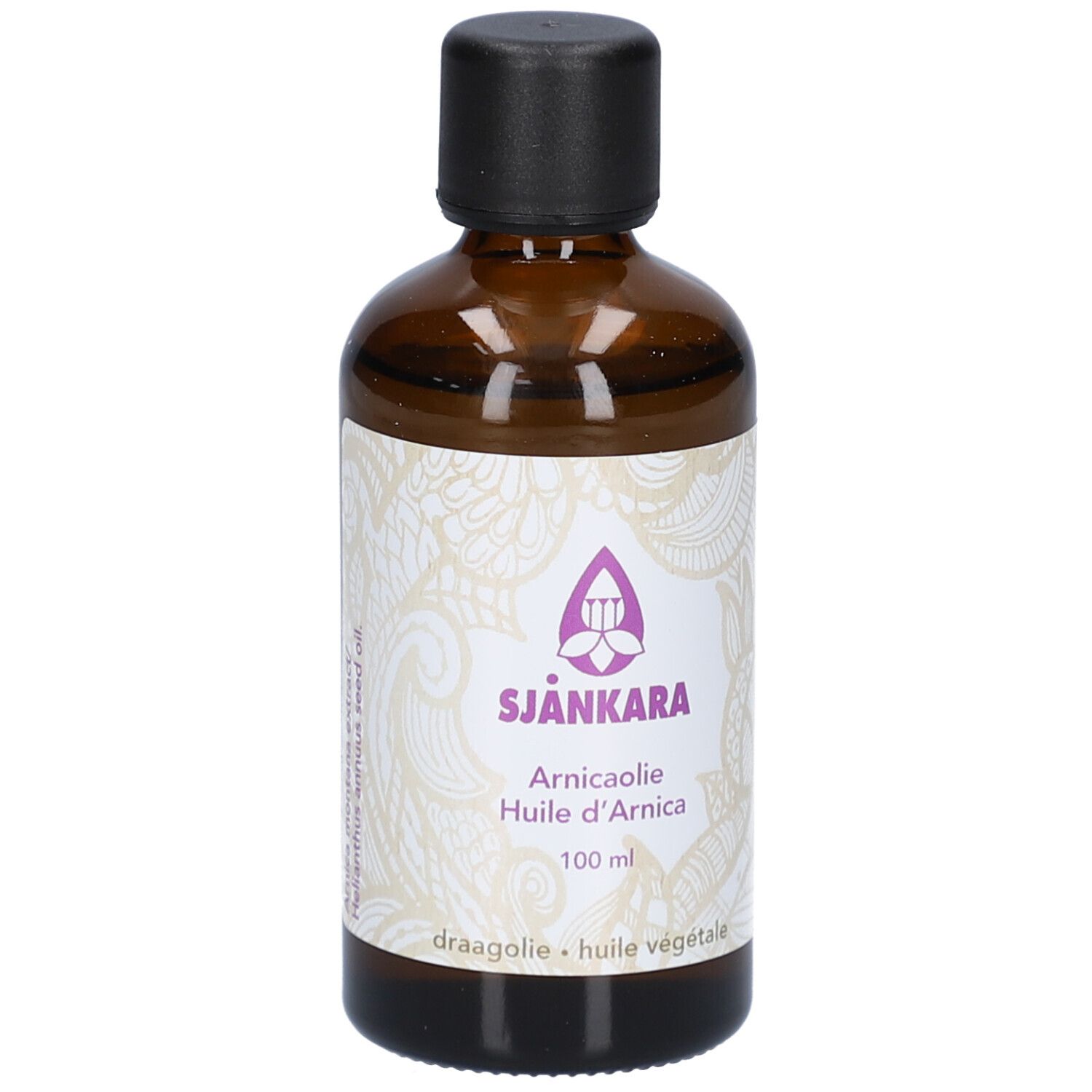 Braune Glasflasche mit schwarzem Deckel. Etikett mit Produktnamen und Logo. Hintergrund weiß.