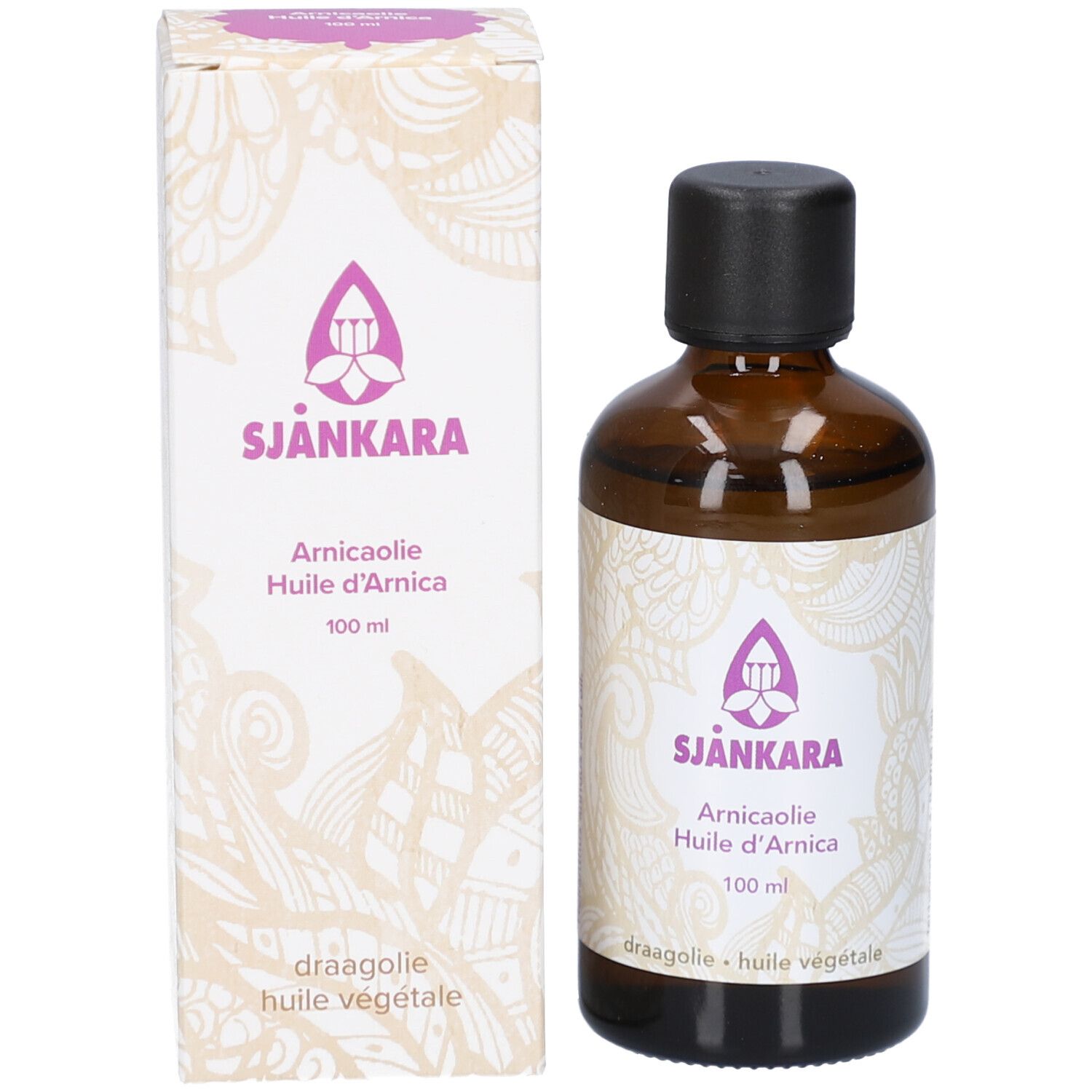 Produktflasche und Verpackung. Flasche braun, Deckel schwarz. Verpackung weiß mit Logo.