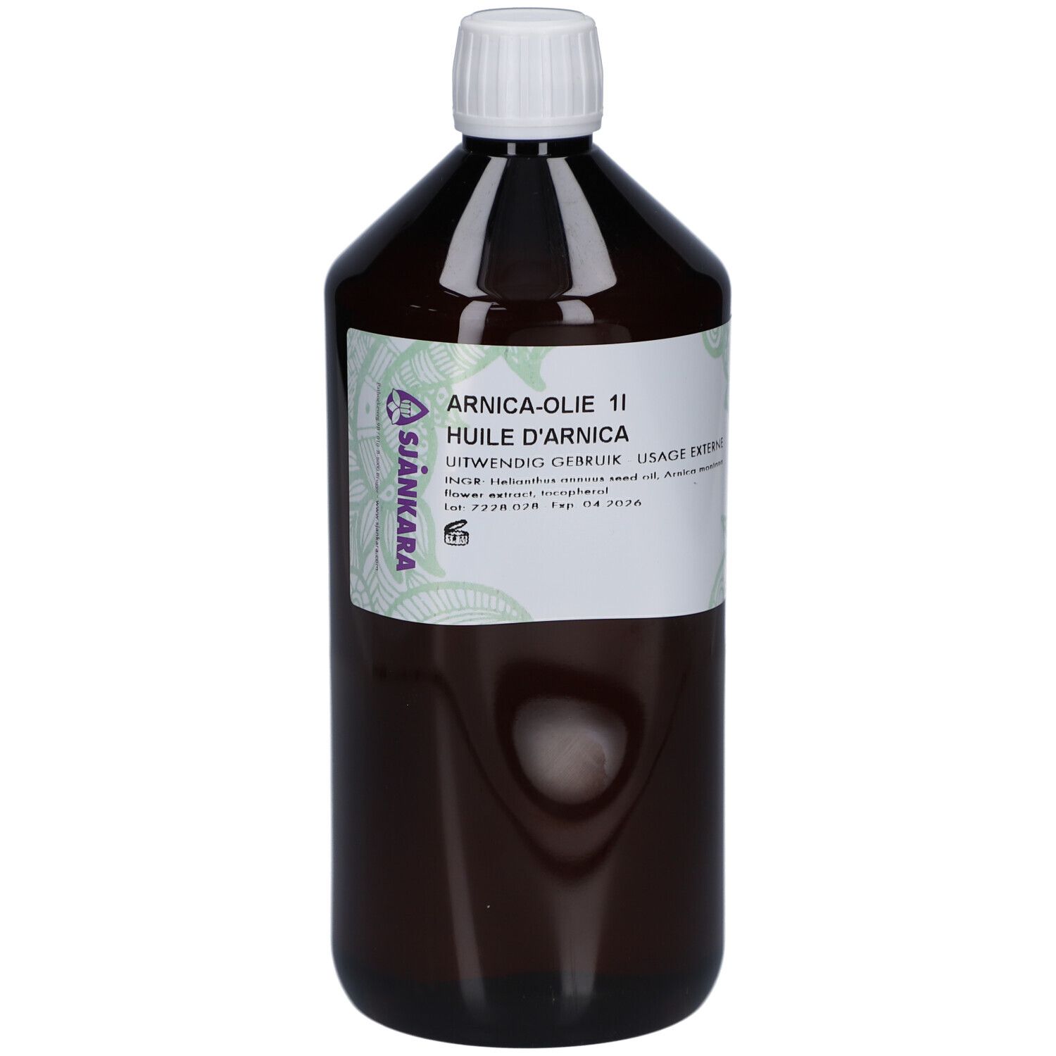 Braune Flasche mit weißem Deckel und Etikett. Auf dem Etikett steht "Arnica-Olie 11" und "Huile d'Arnica".