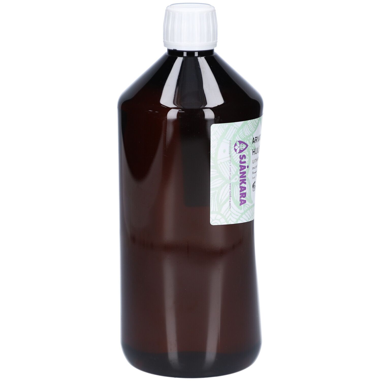 Braune Flasche mit weißem Deckel und Etikett. Das Etikett zeigt den Markennamen und Produktnamen.