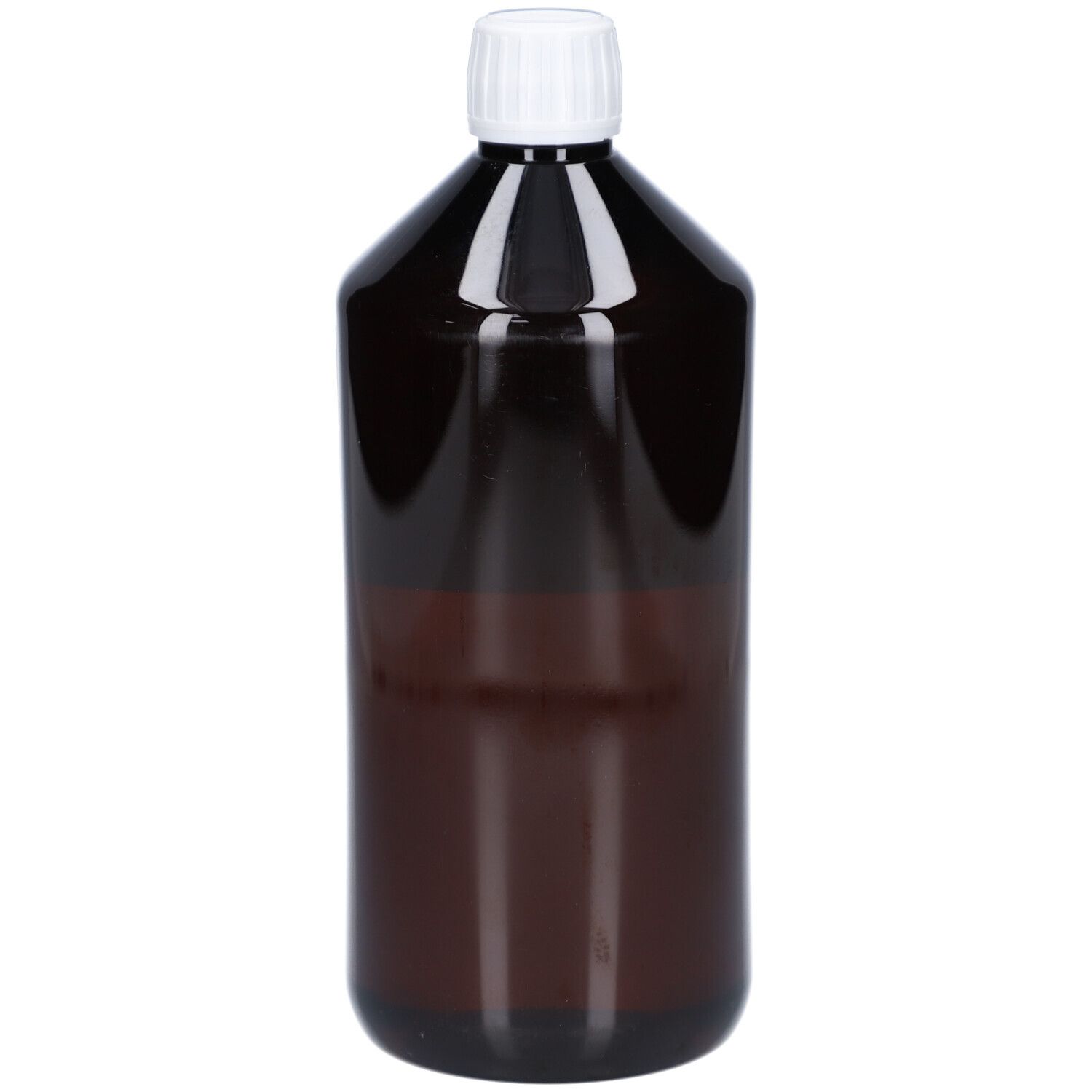 Braune Flasche mit weißem Deckel. Keine Etiketten sichtbar.