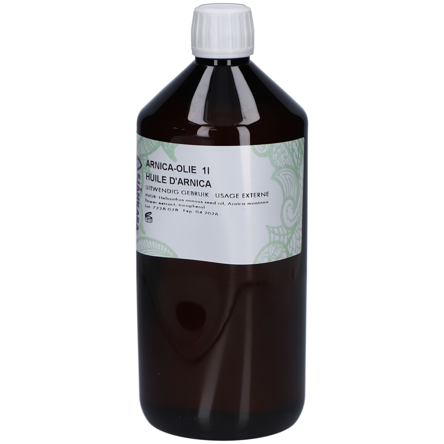 Braune Flasche mit weißem Deckel und Etikett. Auf dem Etikett steht "Arnica-Olie 11" und "Huile d'Arnica".