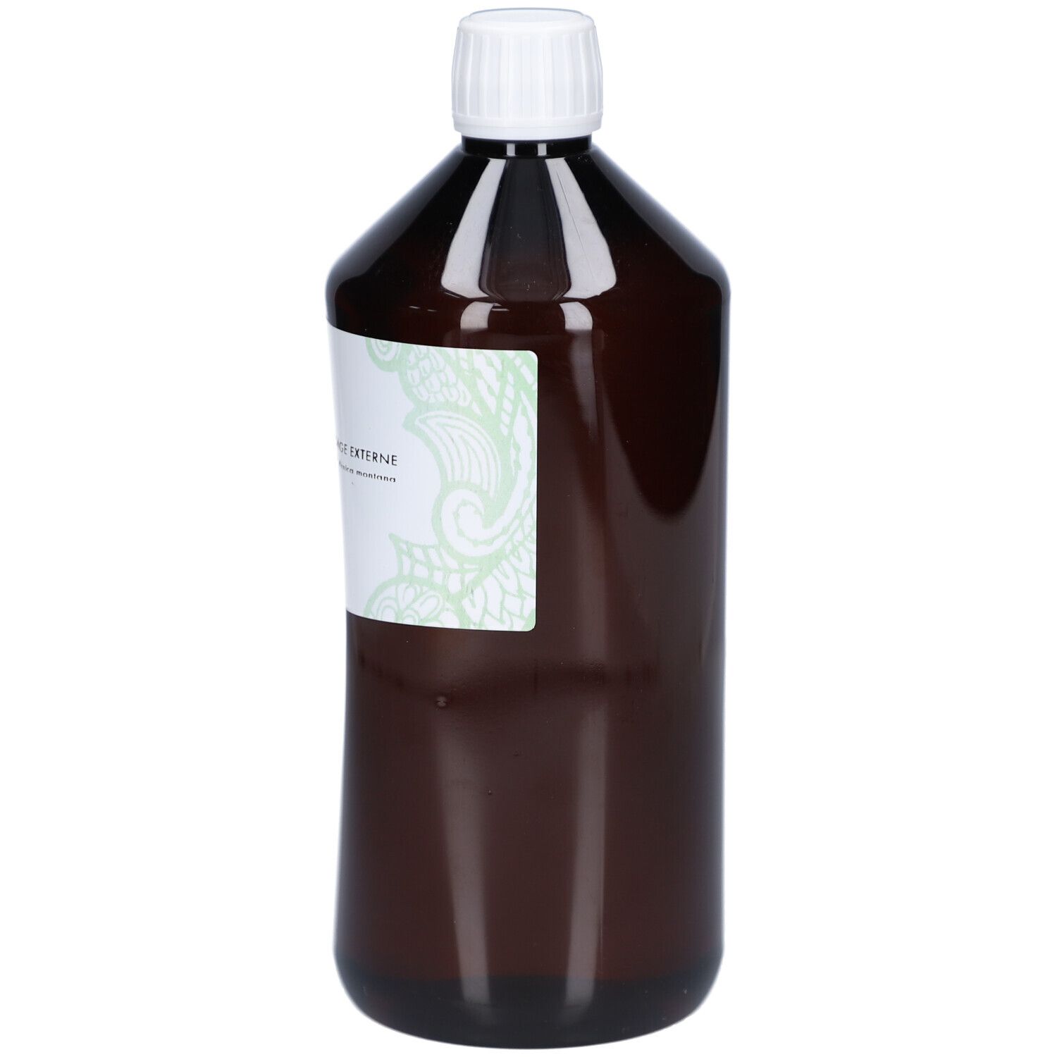 Braune Flasche mit weißem Deckel und Etikett. Das Etikett zeigt den Markennamen und Produktnamen.