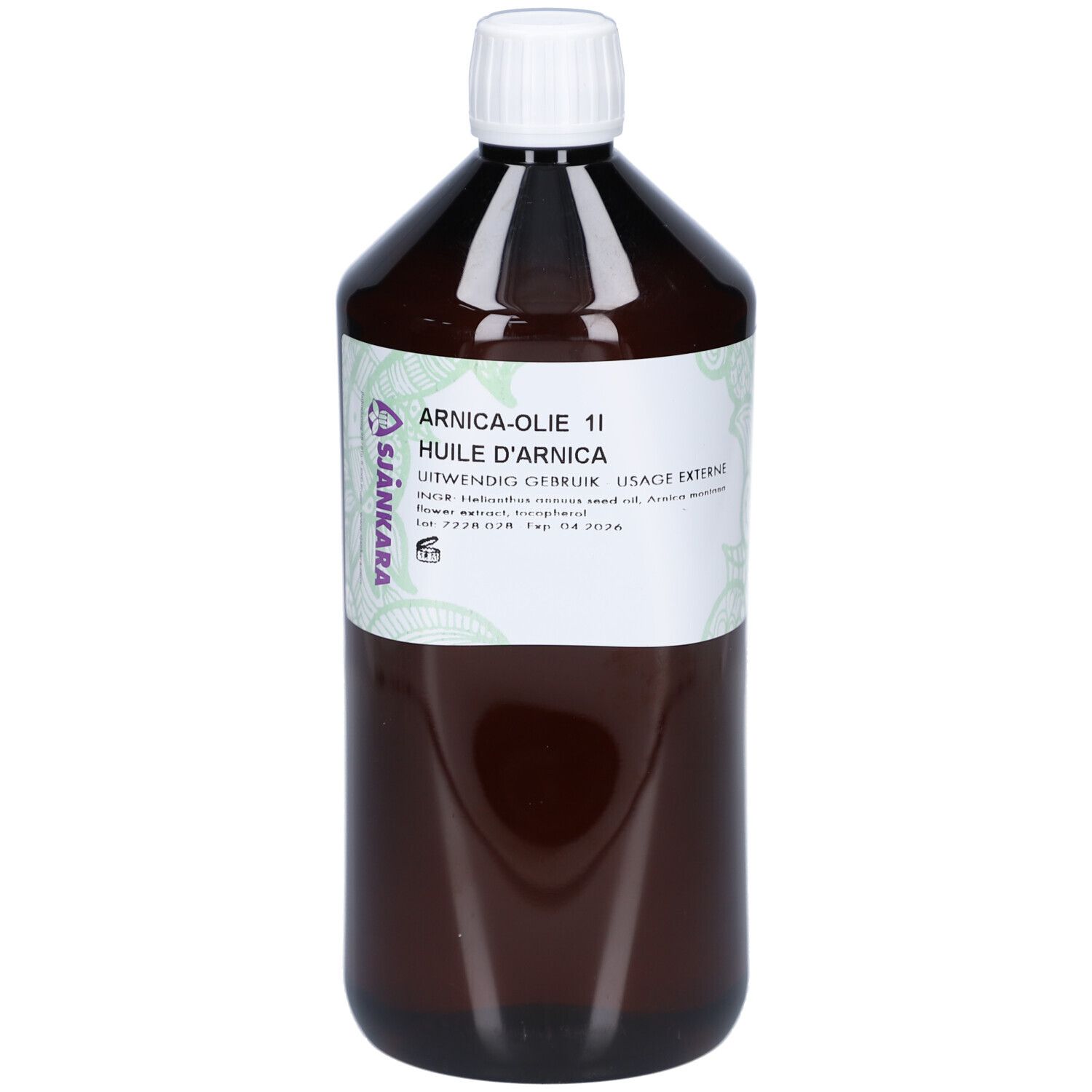 Braune Flasche mit weißem Deckel und Etikett. Auf dem Etikett steht "Arnica-Olie 11" und "Huile d'Arnica".