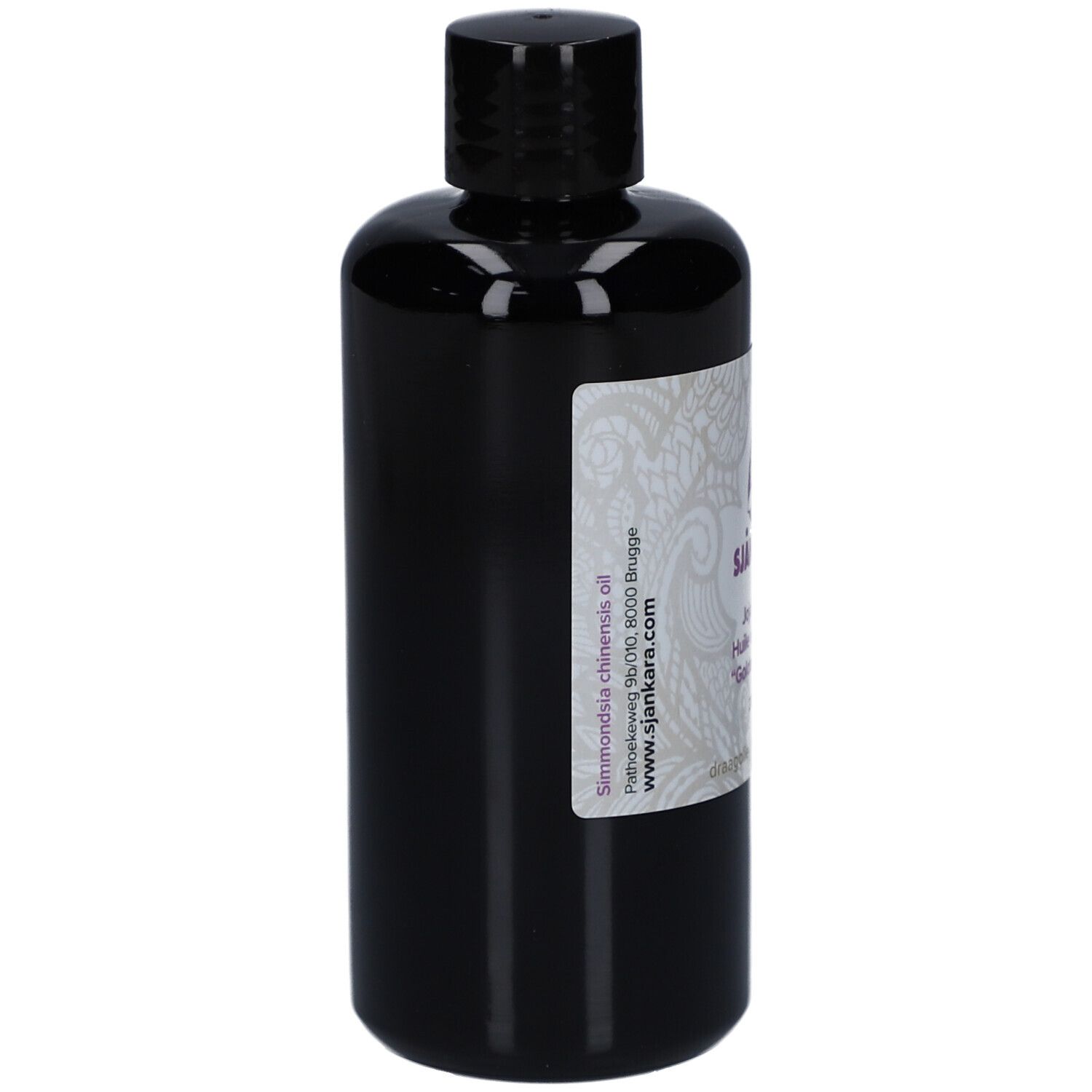 Schwarze Flasche mit schwarzem Deckel. Etikett mit Produktinformationen und Marke. Inhalt: Jojobaöl.