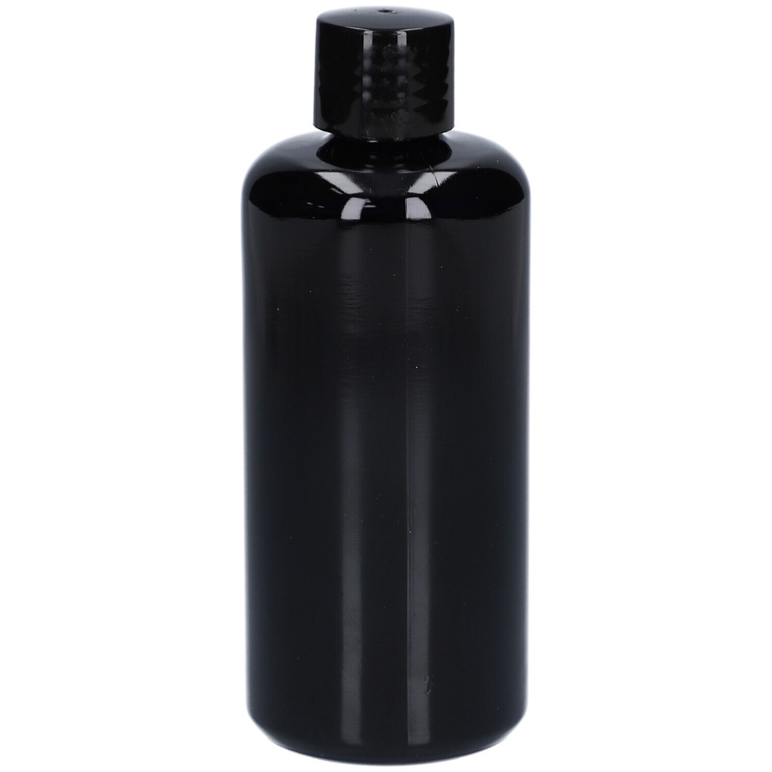 Schwarze Flasche mit schwarzem Deckel. Keine weiteren Merkmale sichtbar.