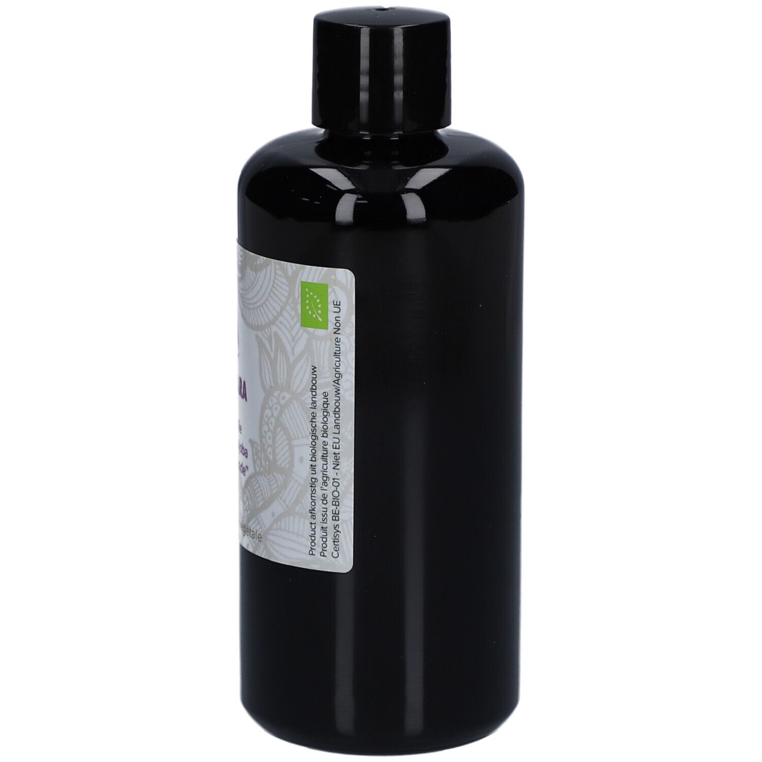 Schwarze Flasche mit schwarzem Deckel. Etikett mit Produktinformationen und Bio-Siegel. Inhalt: Jojobaöl.