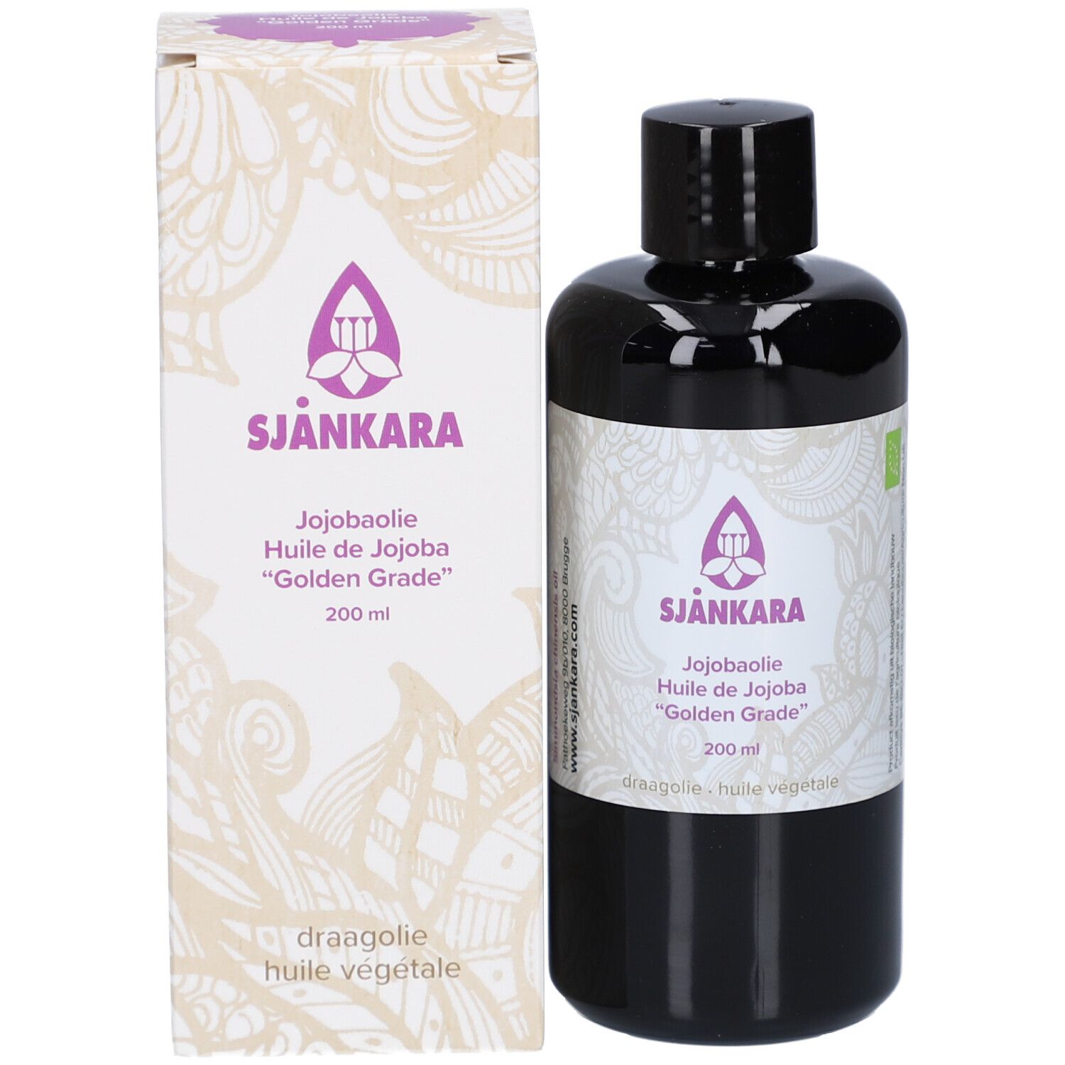 Produktflasche und Verpackung. Flasche mit schwarzem Deckel. Verpackung mit Produktnamen, Marke und Logo.