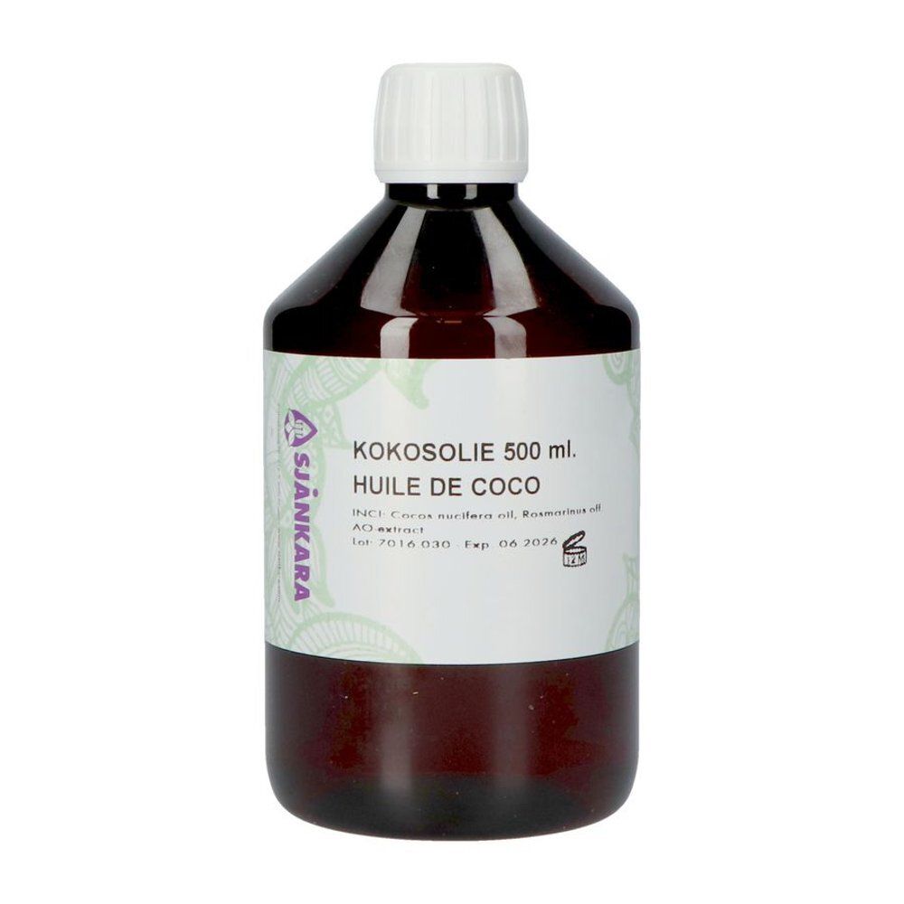 Braune Glasflasche mit weißem Schraubverschluss, gefüllt mit Kokosöl. Etikett mit Produktinformationen und Markensymbol.