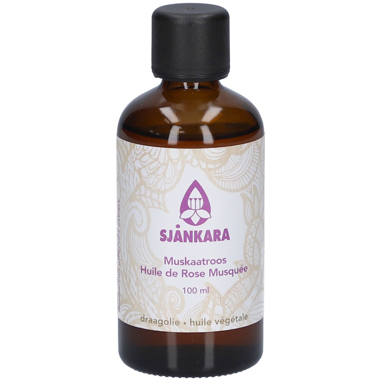 Braune Glasflasche mit schwarzem Deckel. Etikett mit Produktnamen und Logo. 100 ml.