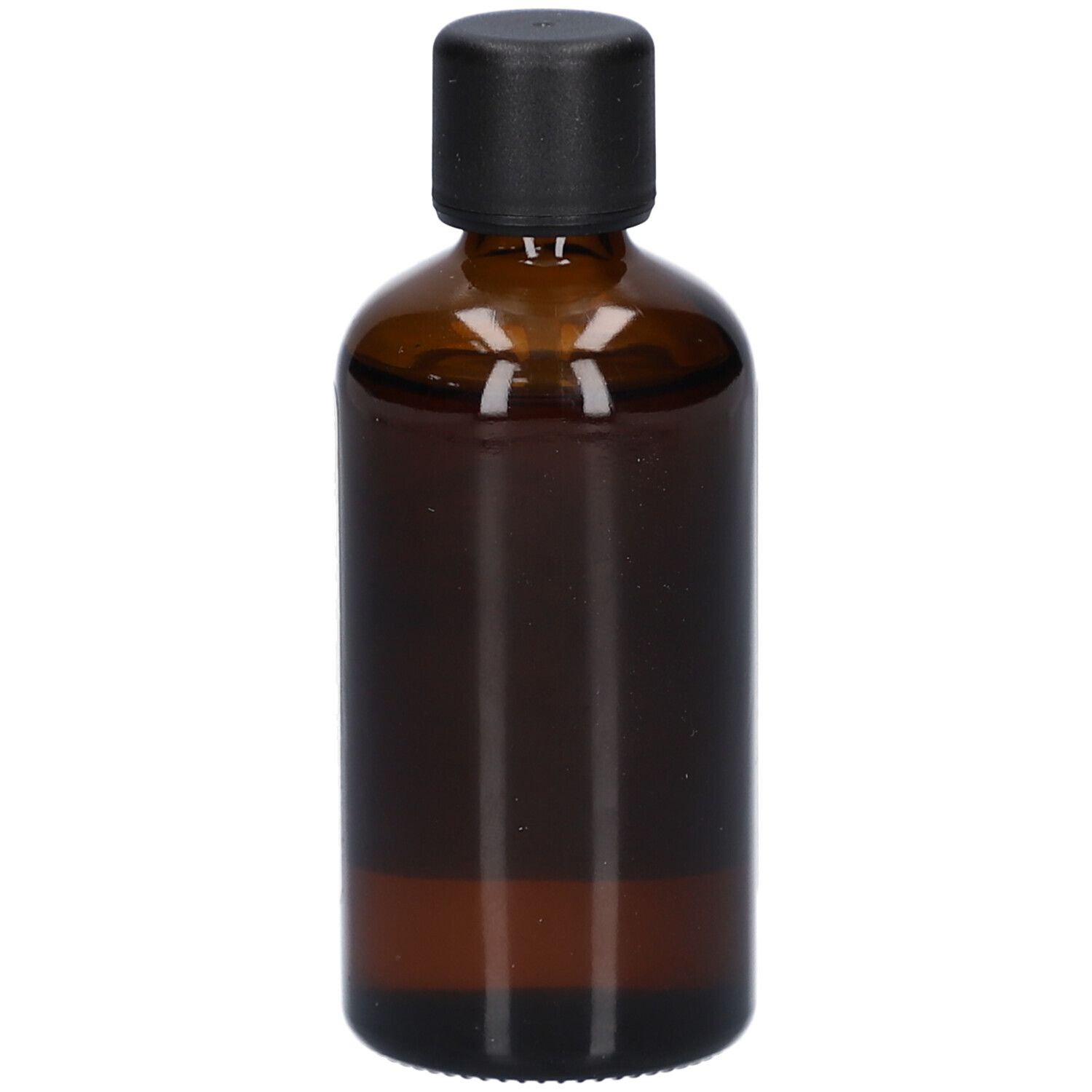 Braune Glasflasche mit schwarzem Deckel. Keine Etiketten sichtbar.