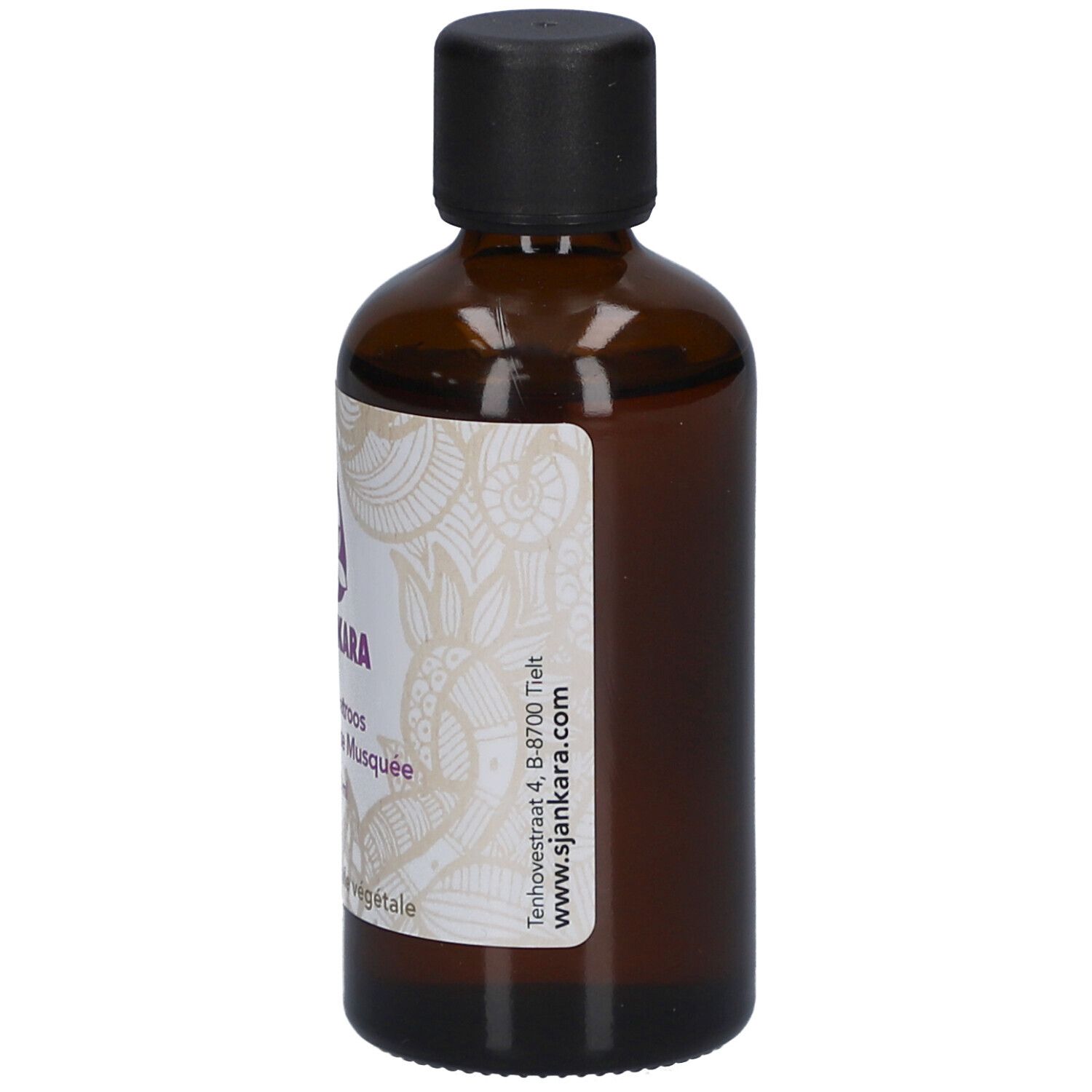 Braune Glasflasche mit schwarzem Deckel. Etikett mit Produktinformationen und Website.