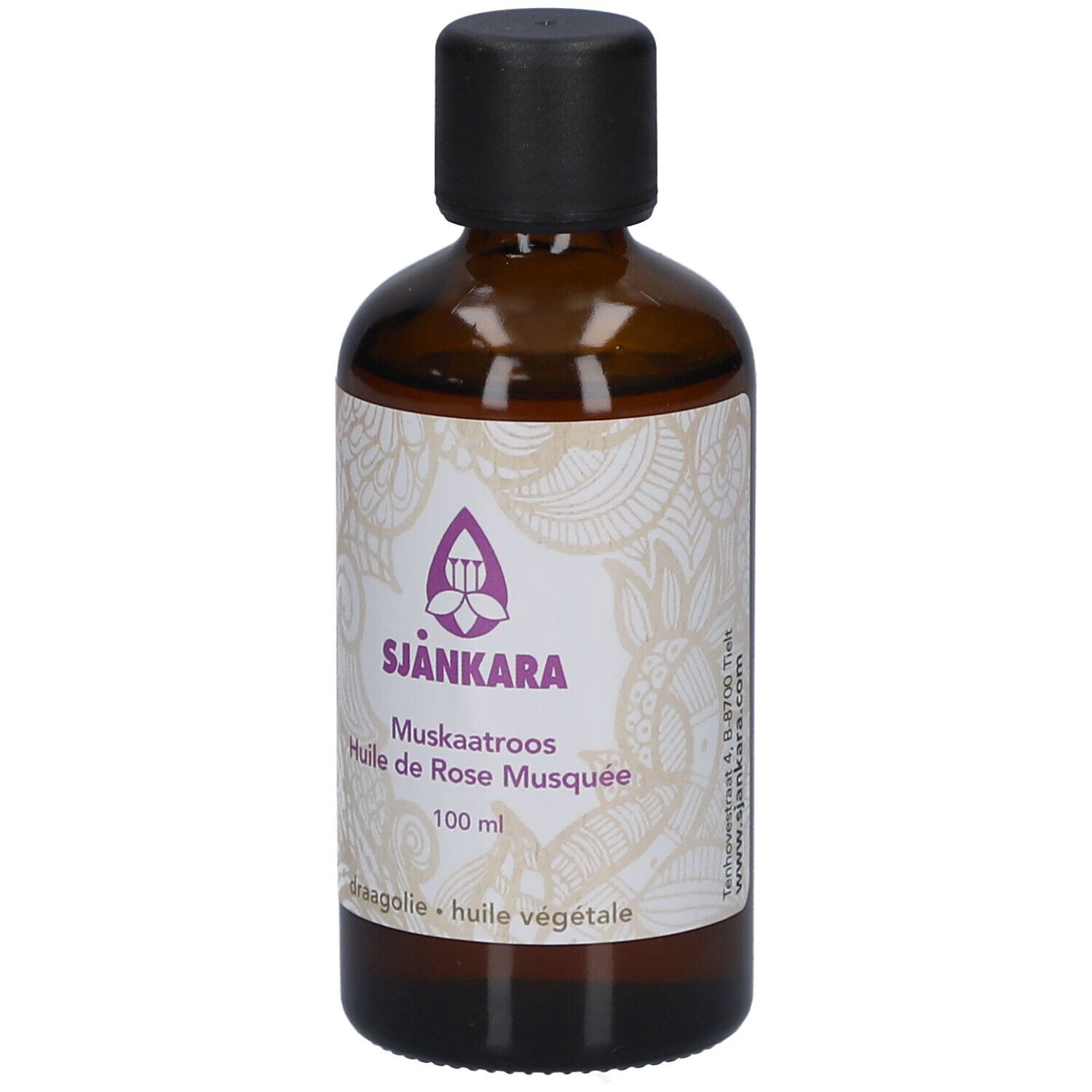 Braune Glasflasche mit schwarzem Deckel. Etikett mit Produktnamen, Logo und 100 ml.