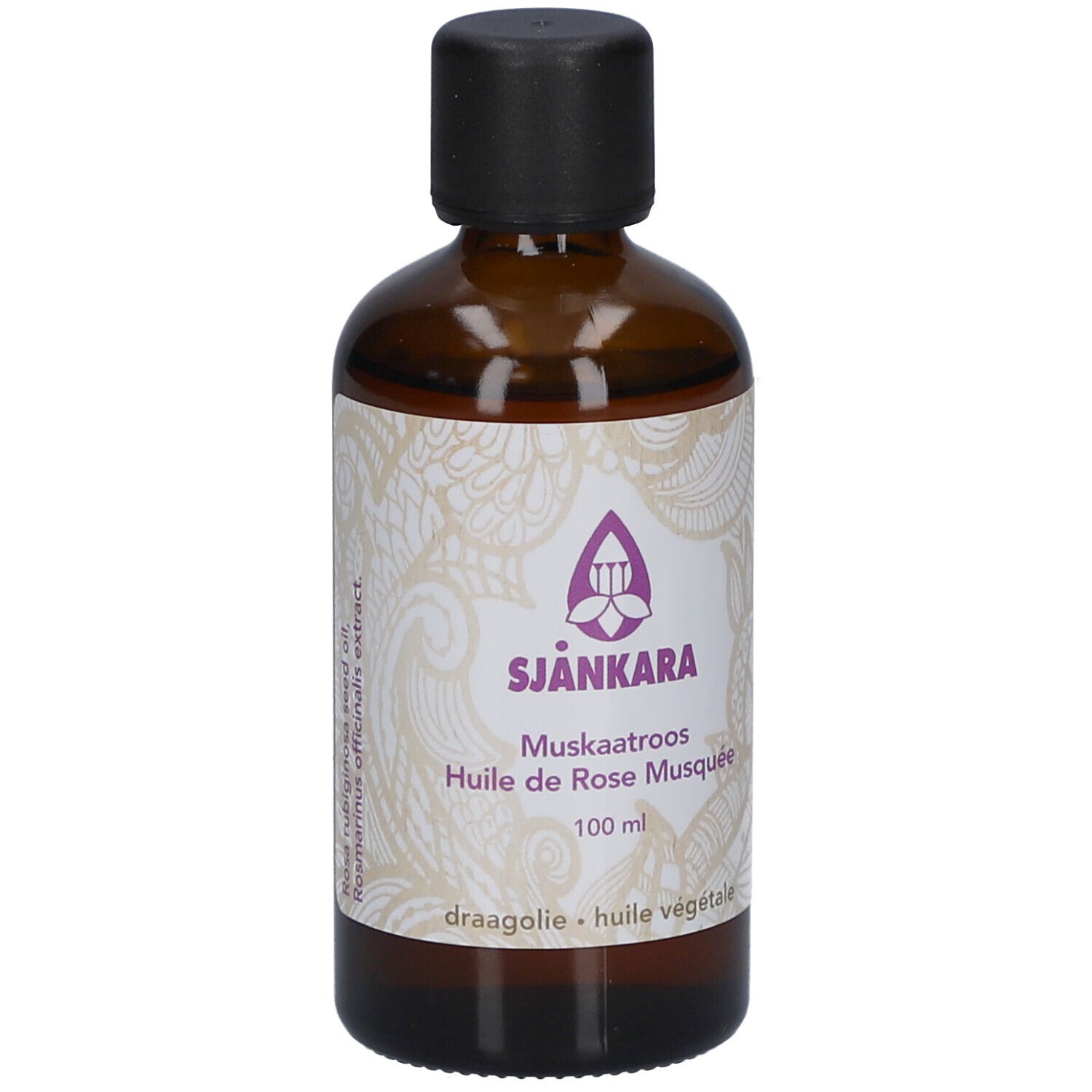 Braune Glasflasche mit schwarzem Deckel. Etikett mit Produktnamen, Logo und 100 ml.