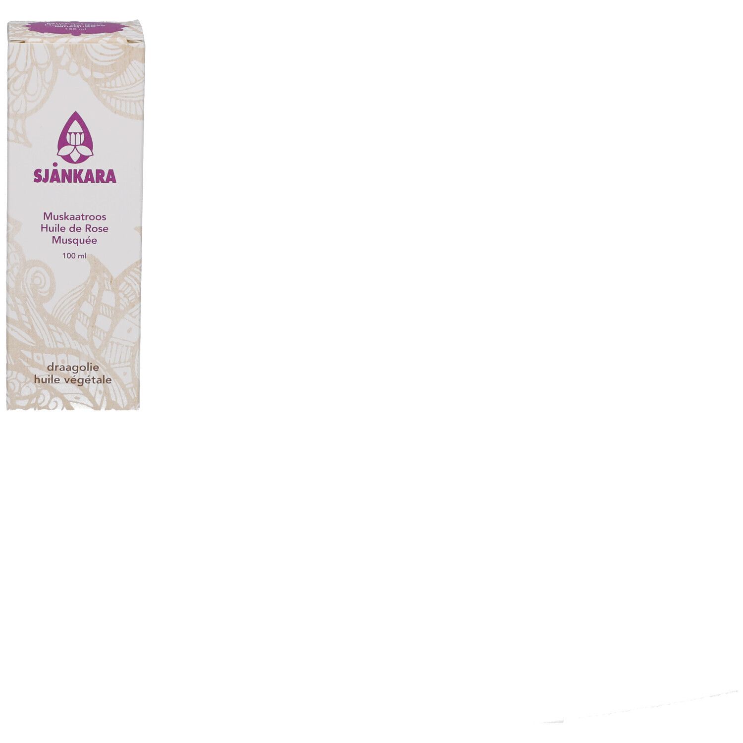 Weiße Verpackung mit Produktnamen und Logo. Aufdruck.