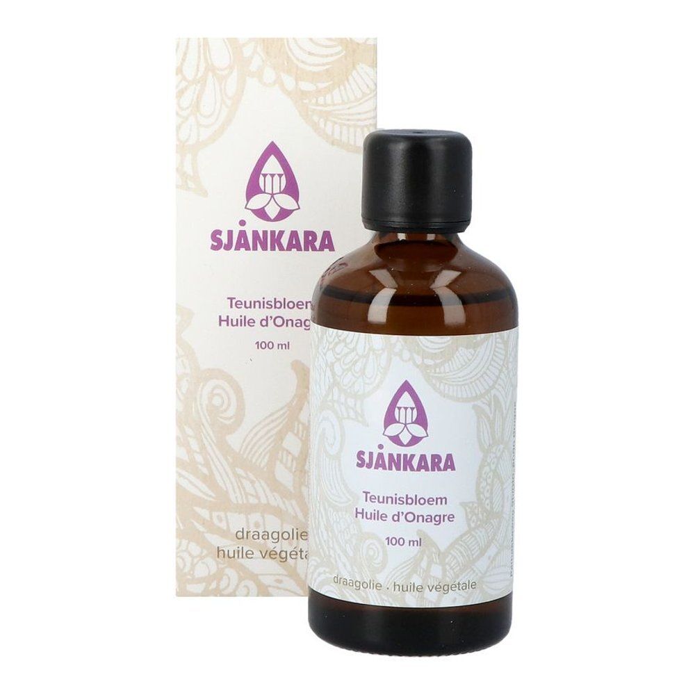 Flacon en verre brun et carton. Flacon avec bouchon noir. Carton avec logo et texte: Teunisbloem Huile d'Onagre 100 ml.