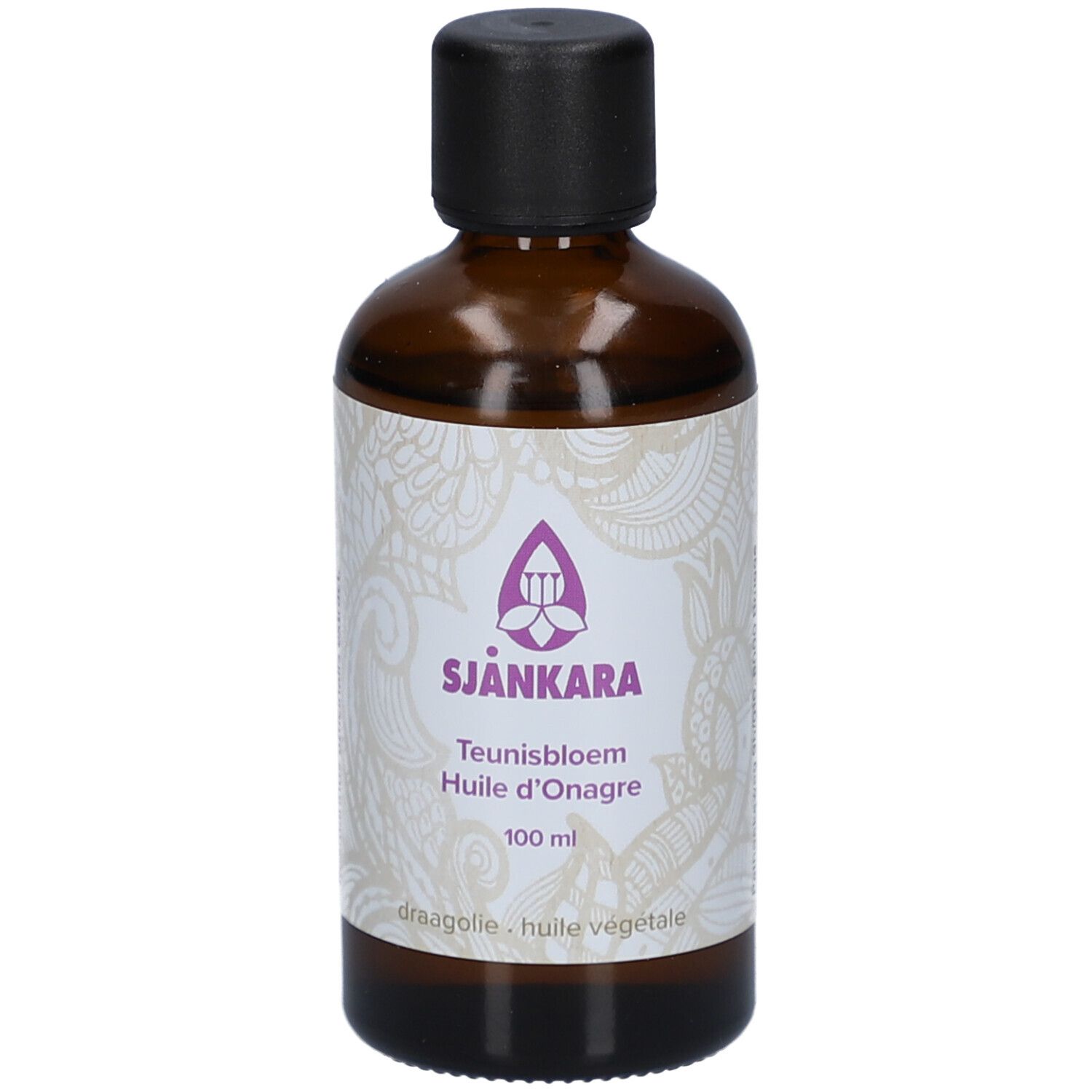 Braune Glasflasche mit schwarzem Deckel. Etikett mit Logo und Text: Teunisbloem Huile d'Onagre 100 ml.