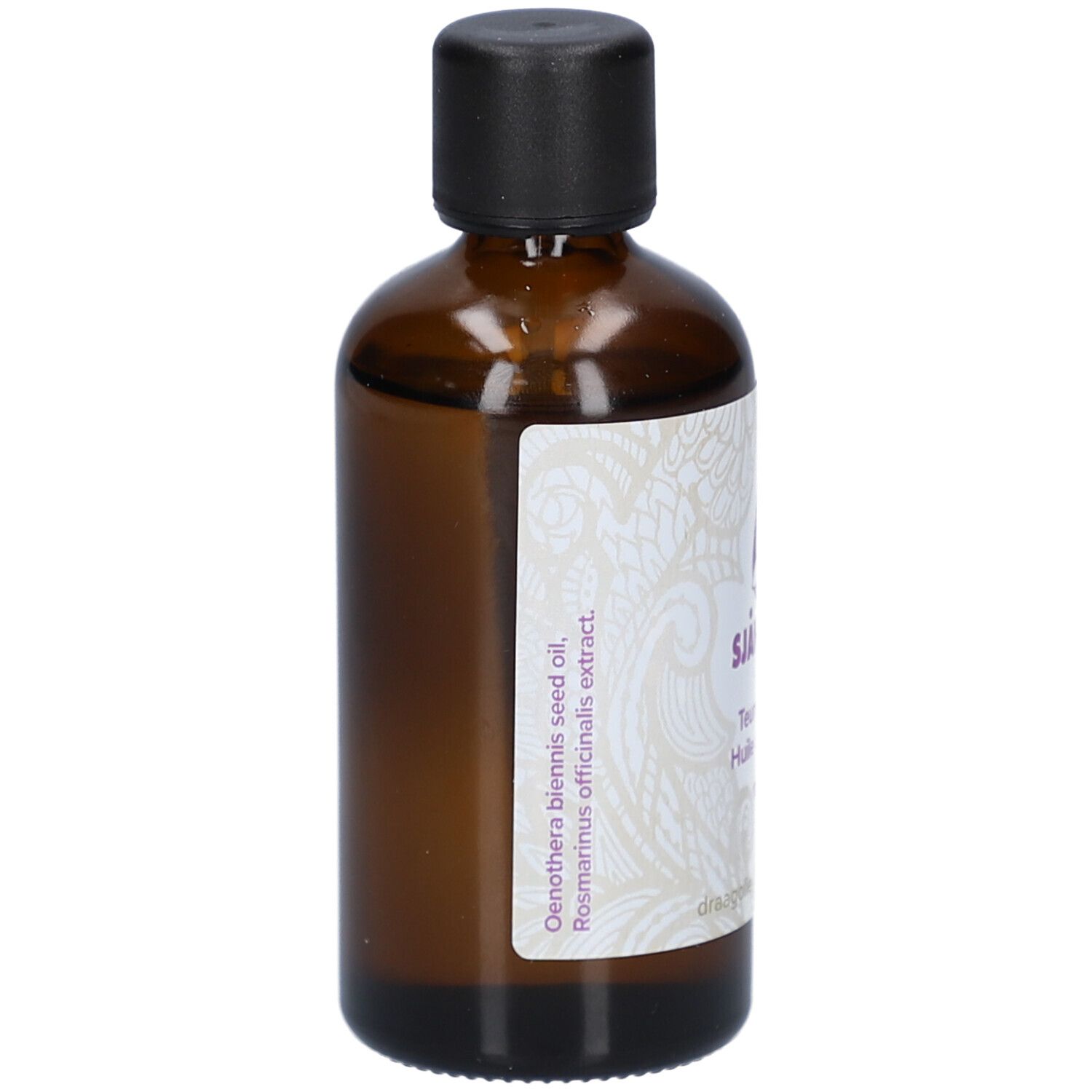 Braune Glasflasche mit schwarzem Deckel. Etikett mit Text: Oenothera biennis seed oil, Rosmarinus officinalis extract.