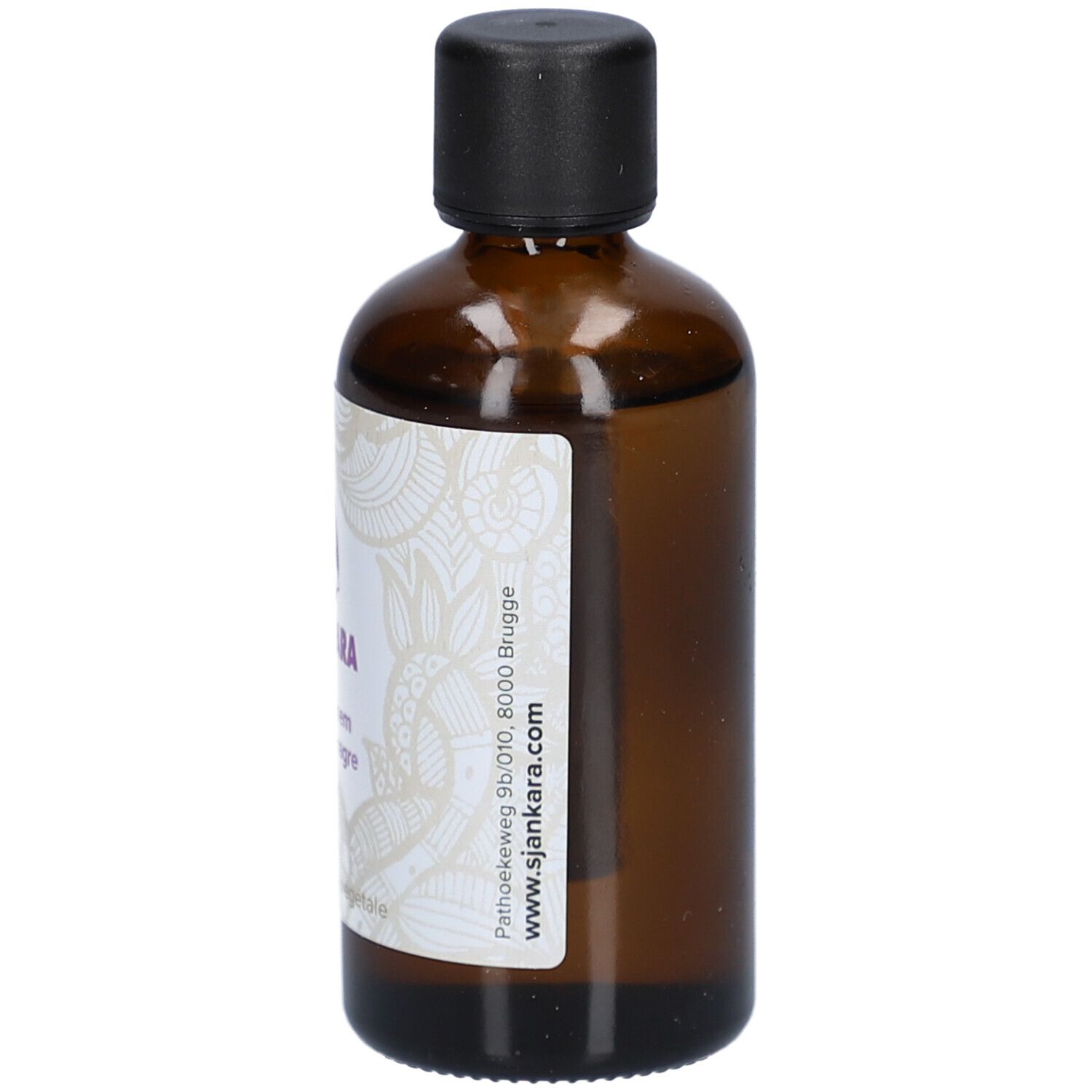 Braune Glasflasche mit schwarzem Deckel. Etikett mit Text: www.shankara.com, Pathoekeweg 9b/010, 8000 Brugge.