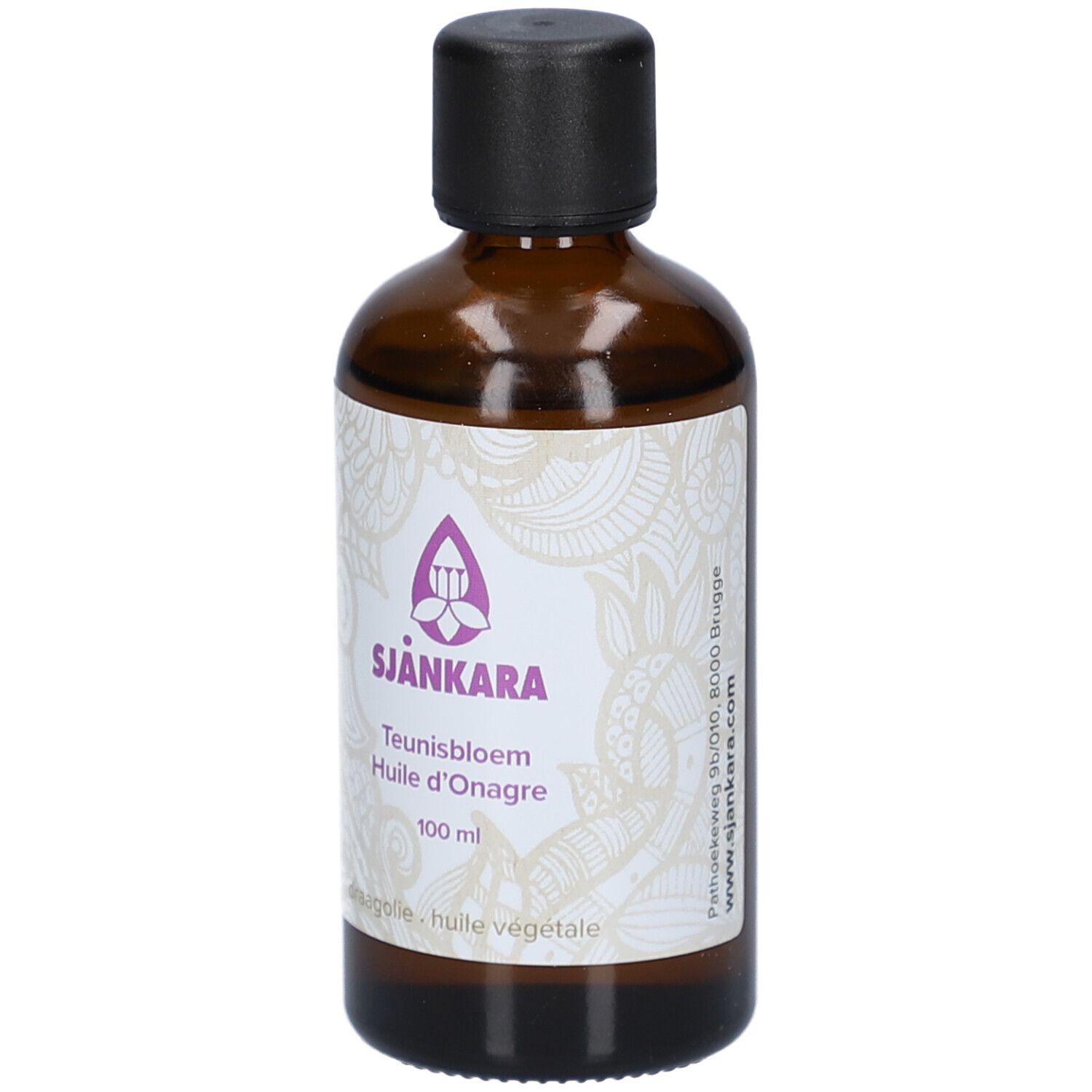Braune Glasflasche mit schwarzem Deckel. Etikett mit Logo und Text: Teunisbloem Huile d'Onagre 100 ml.