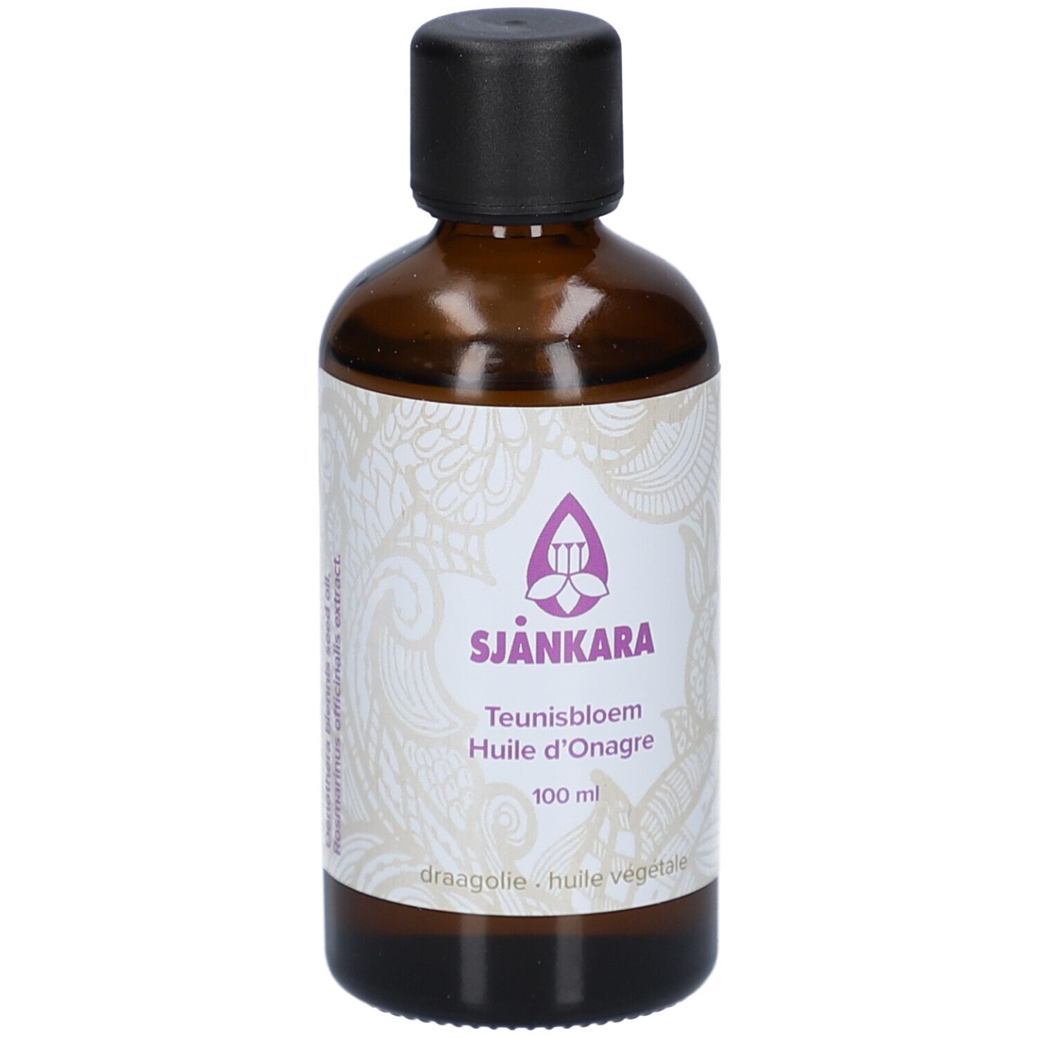 Braune Glasflasche mit schwarzem Deckel. Etikett mit Logo und Text: Teunisbloem Huile d'Onagre 100 ml.
