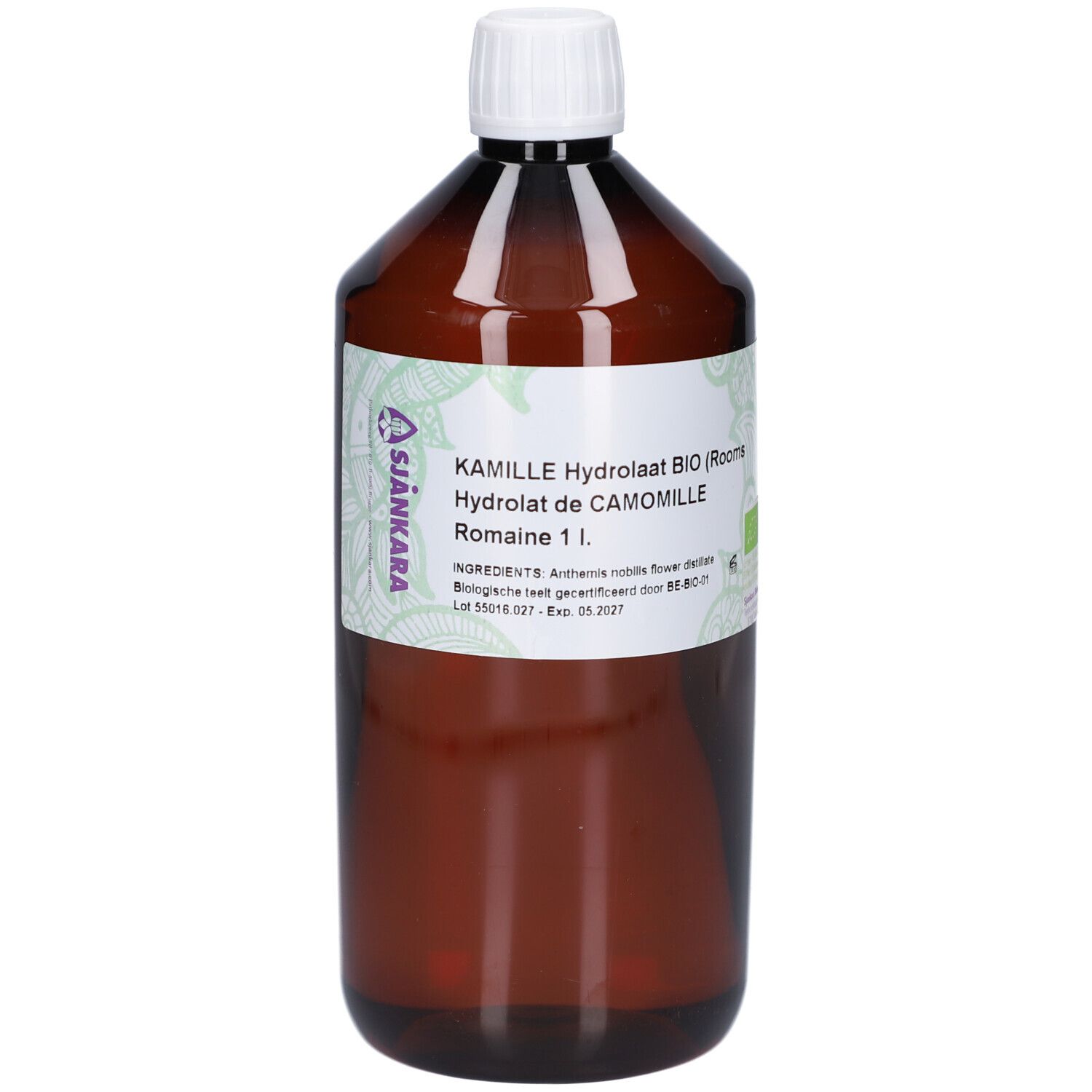 Braune Flasche mit weißem Deckel. Etikett mit Text: KAMILLE Hydrolaat BIO, Hydrolat de CAMOMILLE Romaine 1 L. Bio-Zertifizierung.