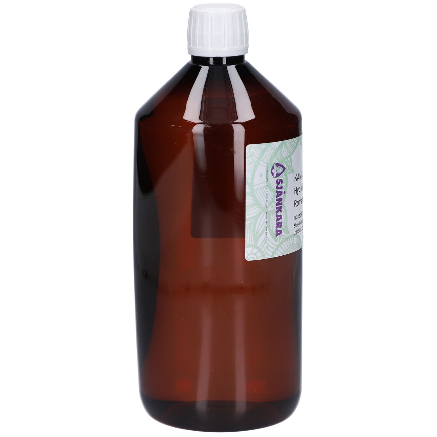 Braune Flasche mit weißem Deckel. Etikett mit Text: KAMILLE Hydrolaat BIO, Hydrolat de CAMOMILLE Romaine 1 L. Bio-Zertifizierung.