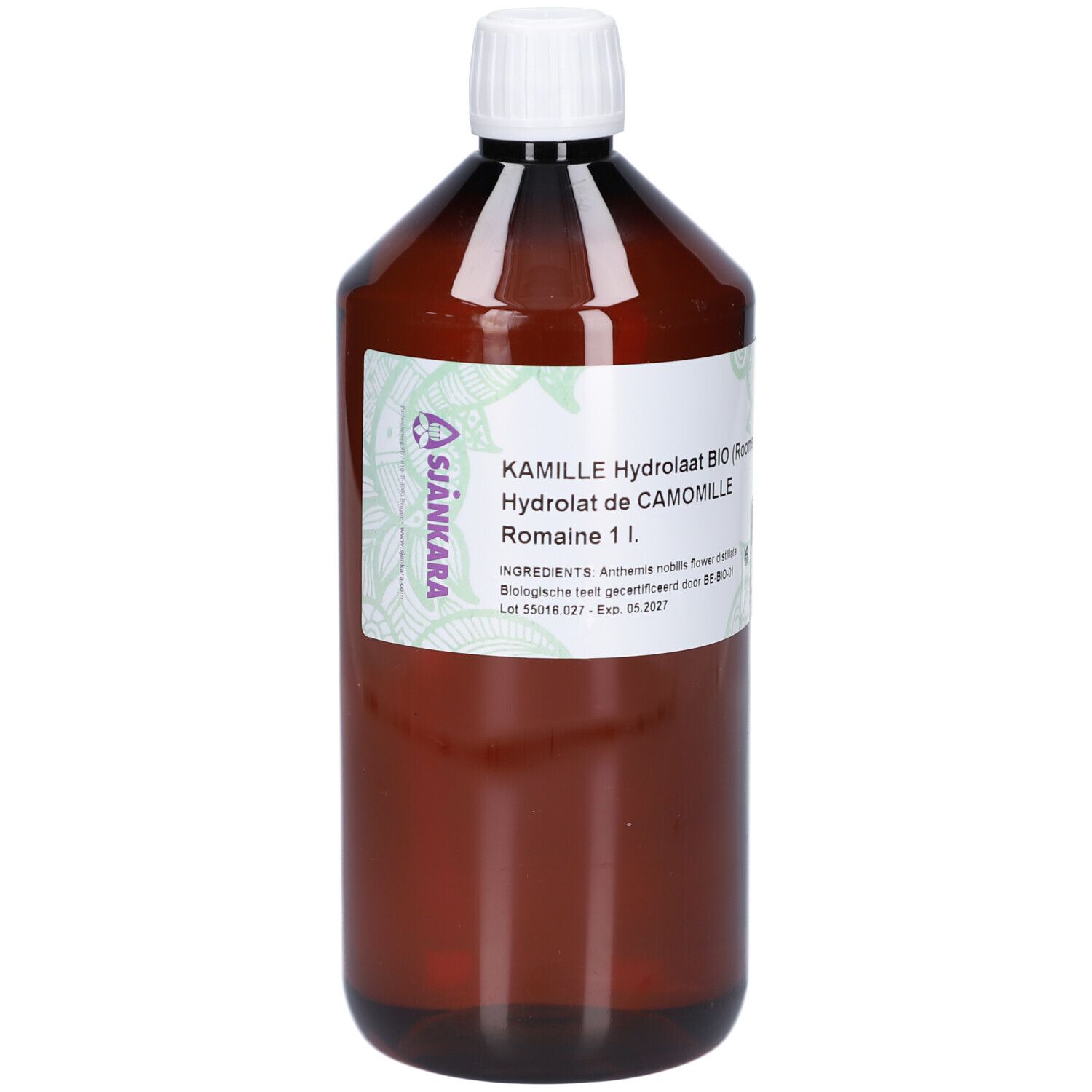 Braune Flasche mit weißem Deckel. Etikett mit Text: KAMILLE Hydrolaat BIO, Hydrolat de CAMOMILLE Romaine 1 L. Bio-Zertifizierung.