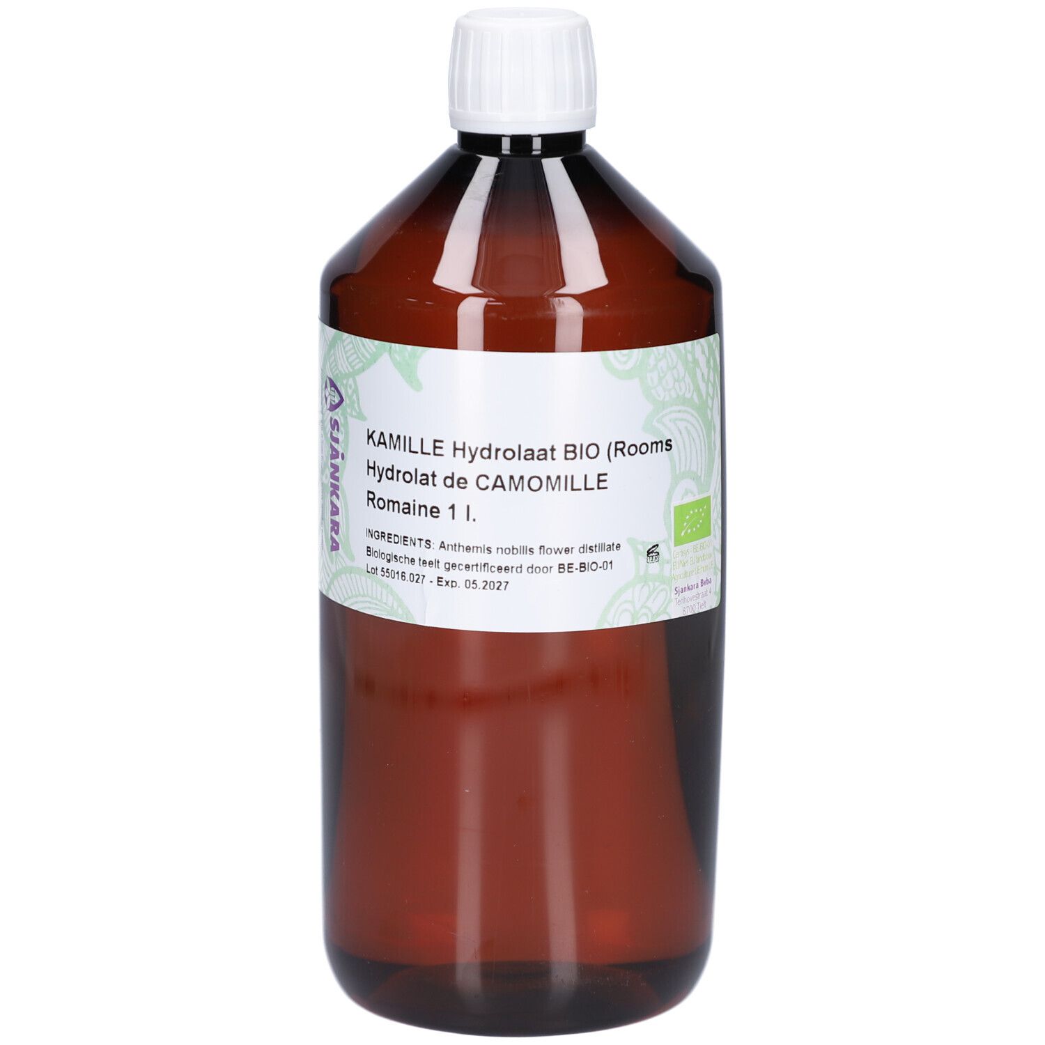 Braune Flasche mit weißem Deckel. Etikett mit Text: KAMILLE Hydrolaat BIO, Hydrolat de CAMOMILLE Romaine 1 L. Bio-Zertifizierung.