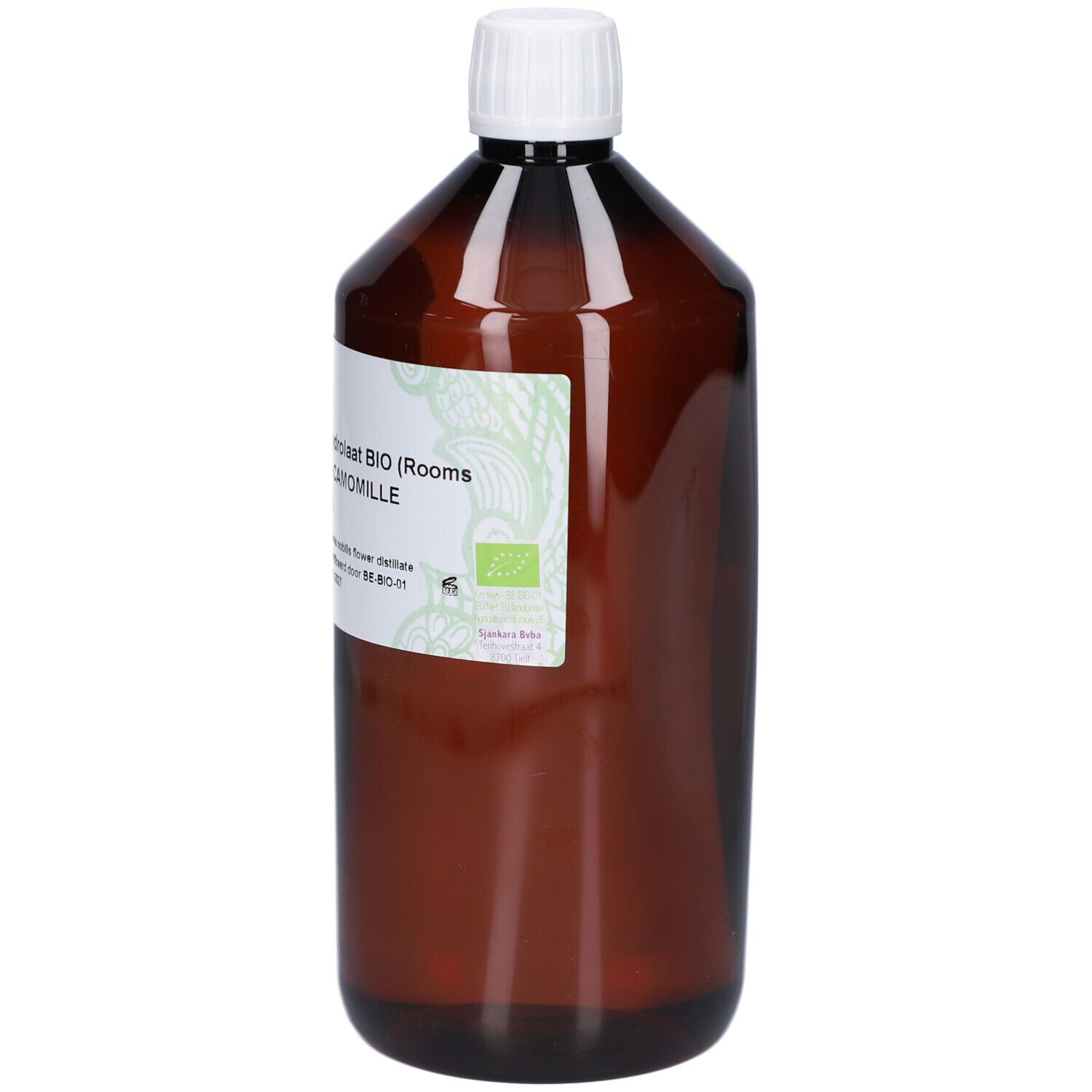 Braune Flasche mit weißem Deckel. Etikett mit Text: KAMILLE Hydrolaat BIO, Hydrolat de CAMOMILLE Romaine 1 L. Bio-Zertifizierung.