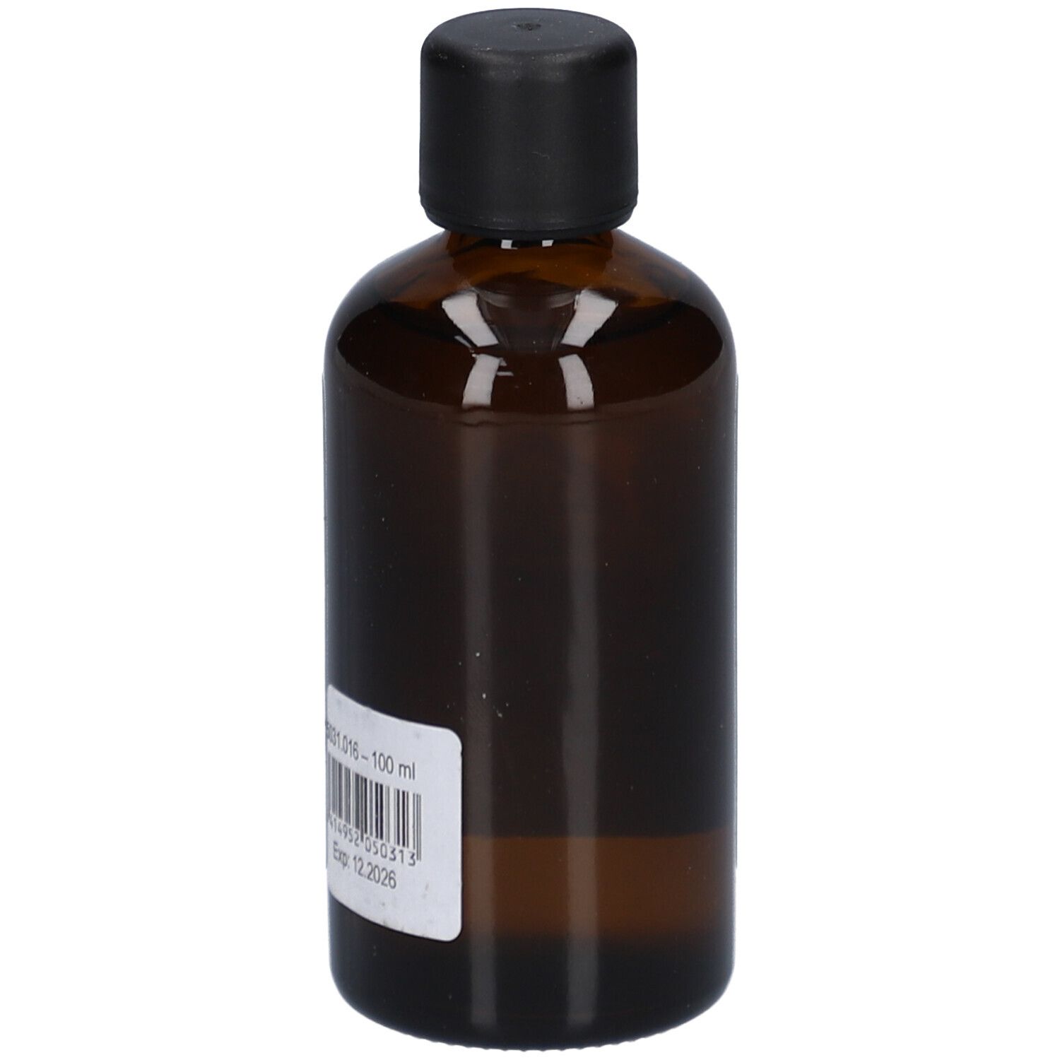 Braune Glasflasche mit schwarzem Deckel. Etikett mit Produktcode, Chargennummer und Verfallsdatum.