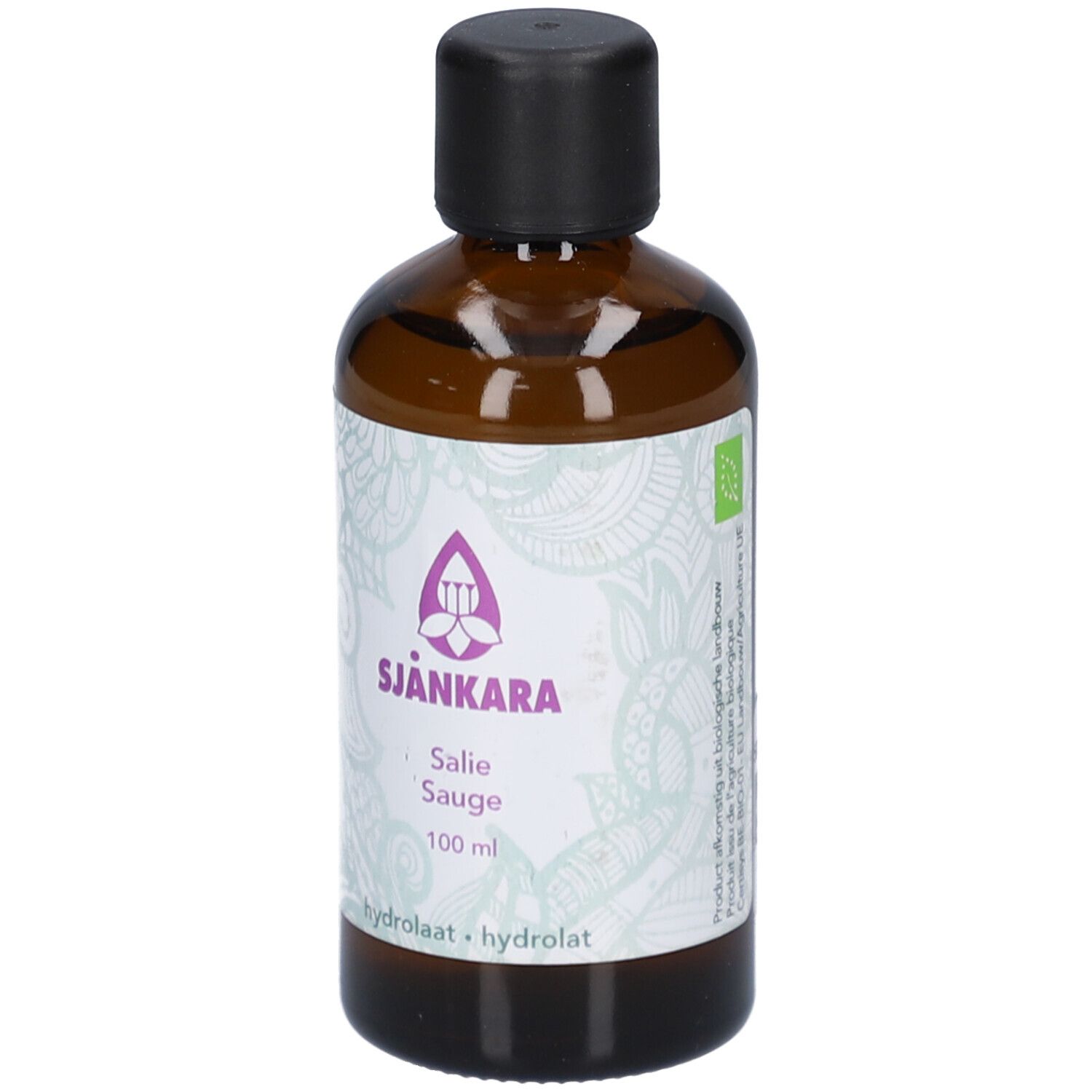 Braune Glasflasche mit schwarzem Deckel. Etikett mit Produktnamen Sjankara, Salie Sauge, 100 ml, Logo und Bio-Siegel.