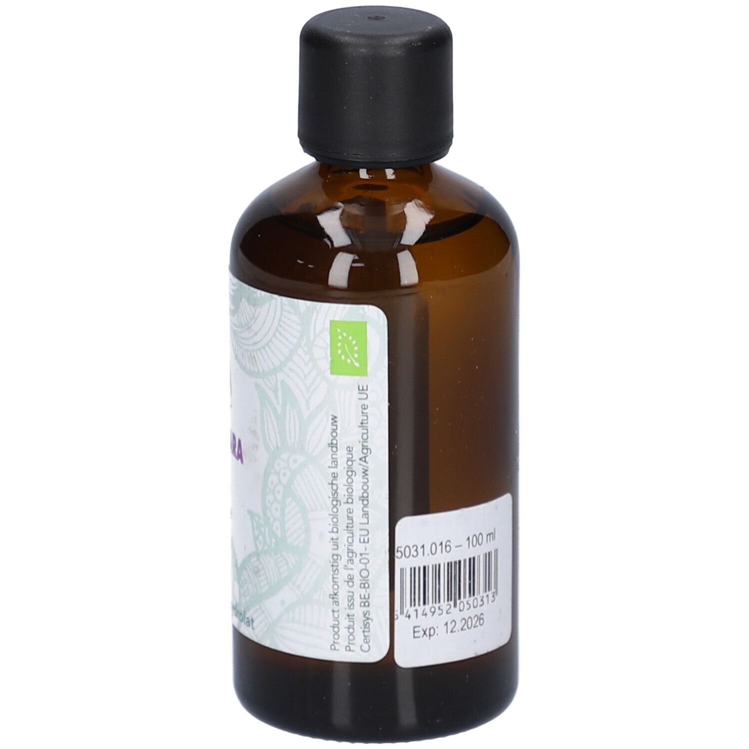 Braune Glasflasche mit schwarzem Deckel. Rückseite mit Text und Bio-Siegel. Produktkompostierung und biologische Landwirtschaft.