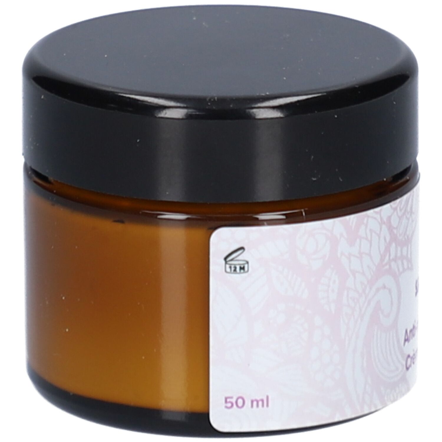 Braune Creme-Dose mit schwarzem Deckel. Aufkleber mit floralem Muster und Text. 12M-Symbol.