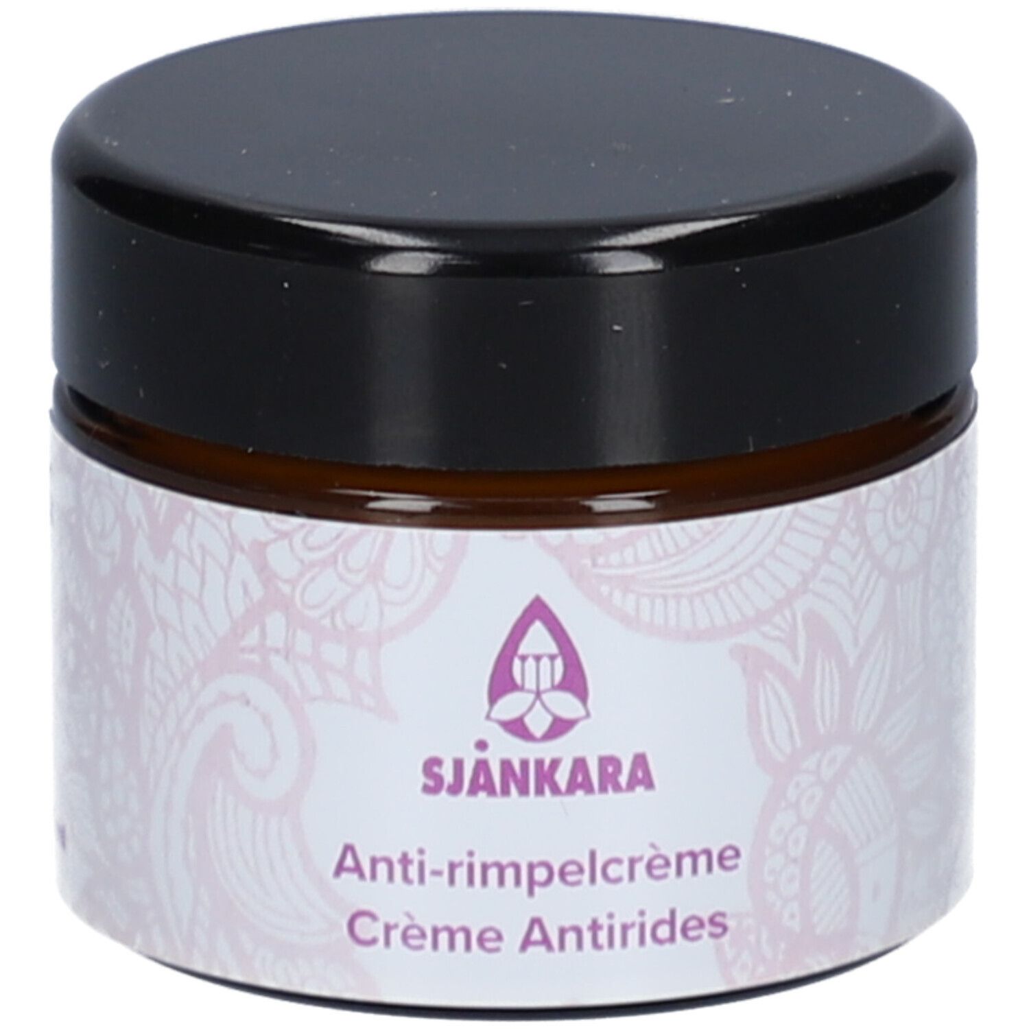 Creme-Dose mit schwarzem Deckel. Aufkleber mit Logo, Text: Anti-Faltencreme, Creme Antirides.