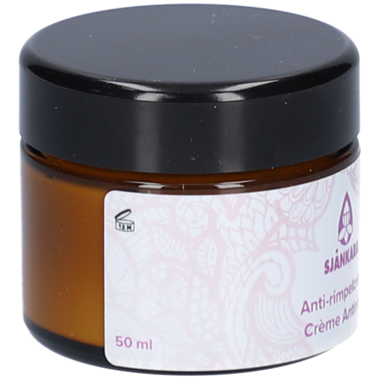 Braune Creme-Dose mit schwarzem Deckel. Aufkleber mit Logo, Text: Anti-Faltencreme, Creme Antirides. 50 ml.