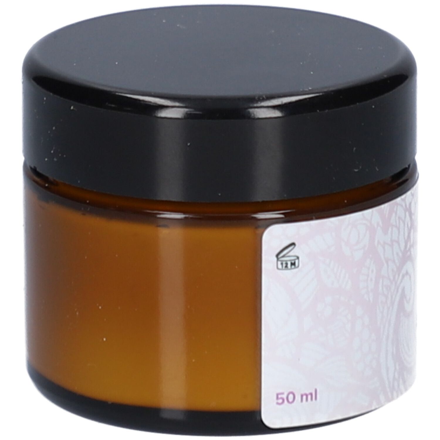 Braune Creme-Dose mit schwarzem Deckel. Aufkleber mit floralem Muster und Text. 12M-Symbol. 50 ml.