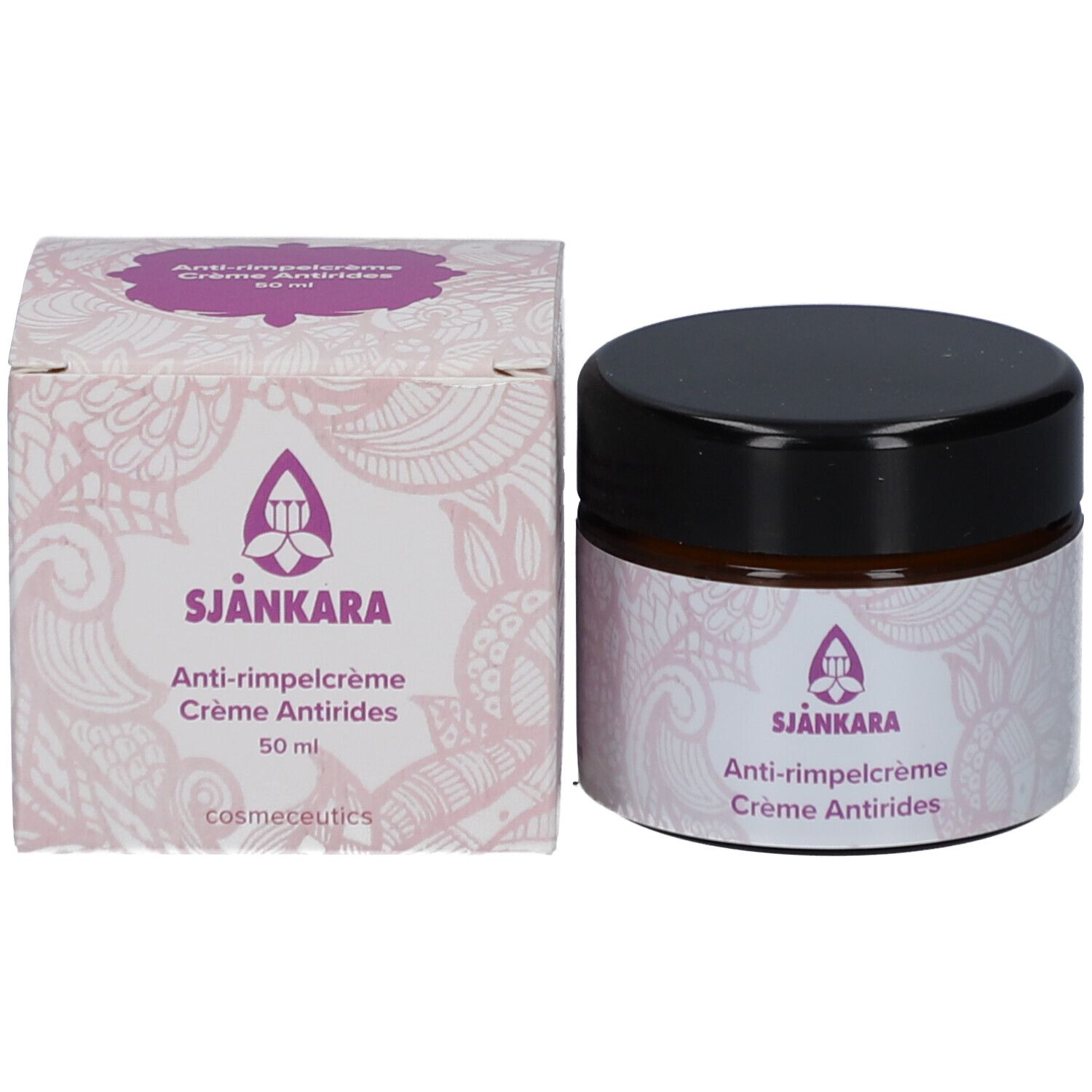 Creme-Dose und Verpackung. Dose mit schwarzem Deckel. Verpackung mit Logo und Text: Anti-Faltencreme.