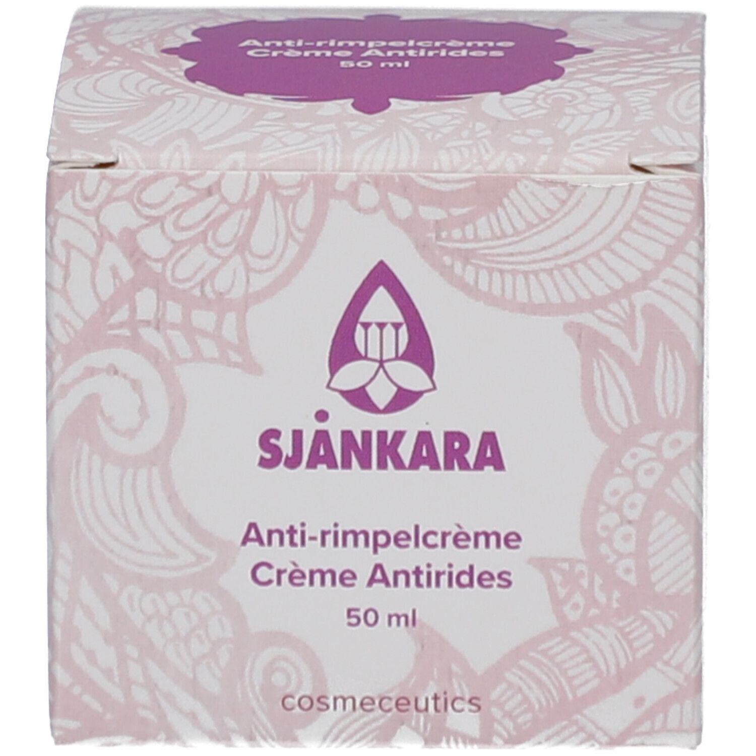 Verpackung mit Logo und Text: Anti-Faltencreme, Creme Antirides. 50 ml. Floral Muster.