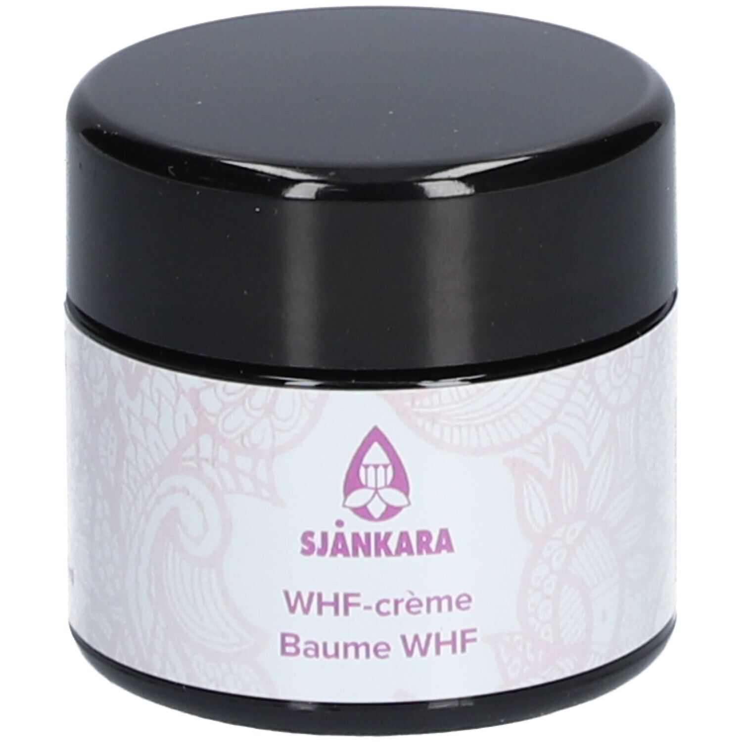 Creme-Tiegel mit schwarzem Deckel. Auf dem Etikett: Sjankara, WHF-crème, Baume WHF. Lila Logo und florales Muster.