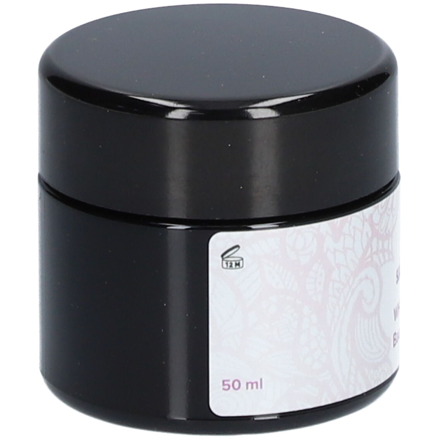 Creme-Tiegel mit schwarzem Deckel. Auf dem Etikett: 50 ml. Logo und florales Muster. Sjankara, WHF-crème, Baume WHF.