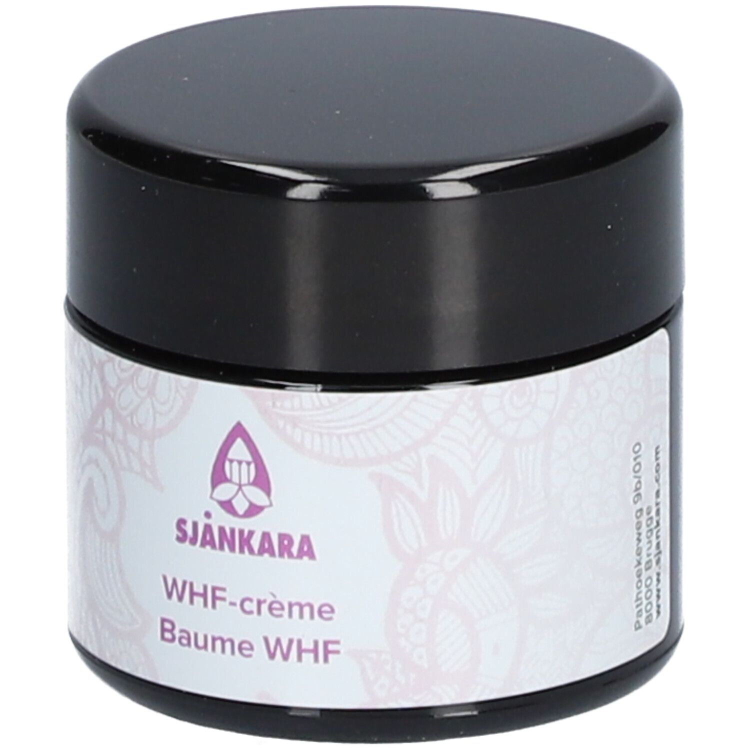 Creme-Tiegel mit schwarzem Deckel. Auf dem Etikett: Sjankara, WHF-crème, Baume WHF. Lila Logo und florales Muster.